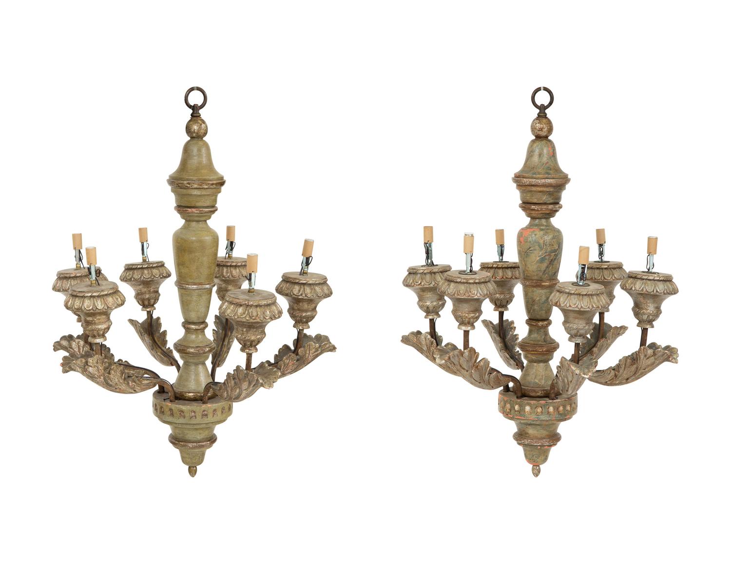 A Pair of Italian Painted Six-Light Chandeliers