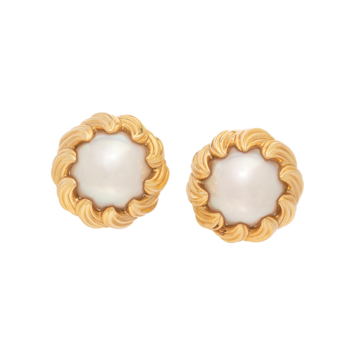 TIFFANY & CO., YELLOW GOLD AND MABÉ PEARL 'SCALLOPED SWIRL' EARRINGS
