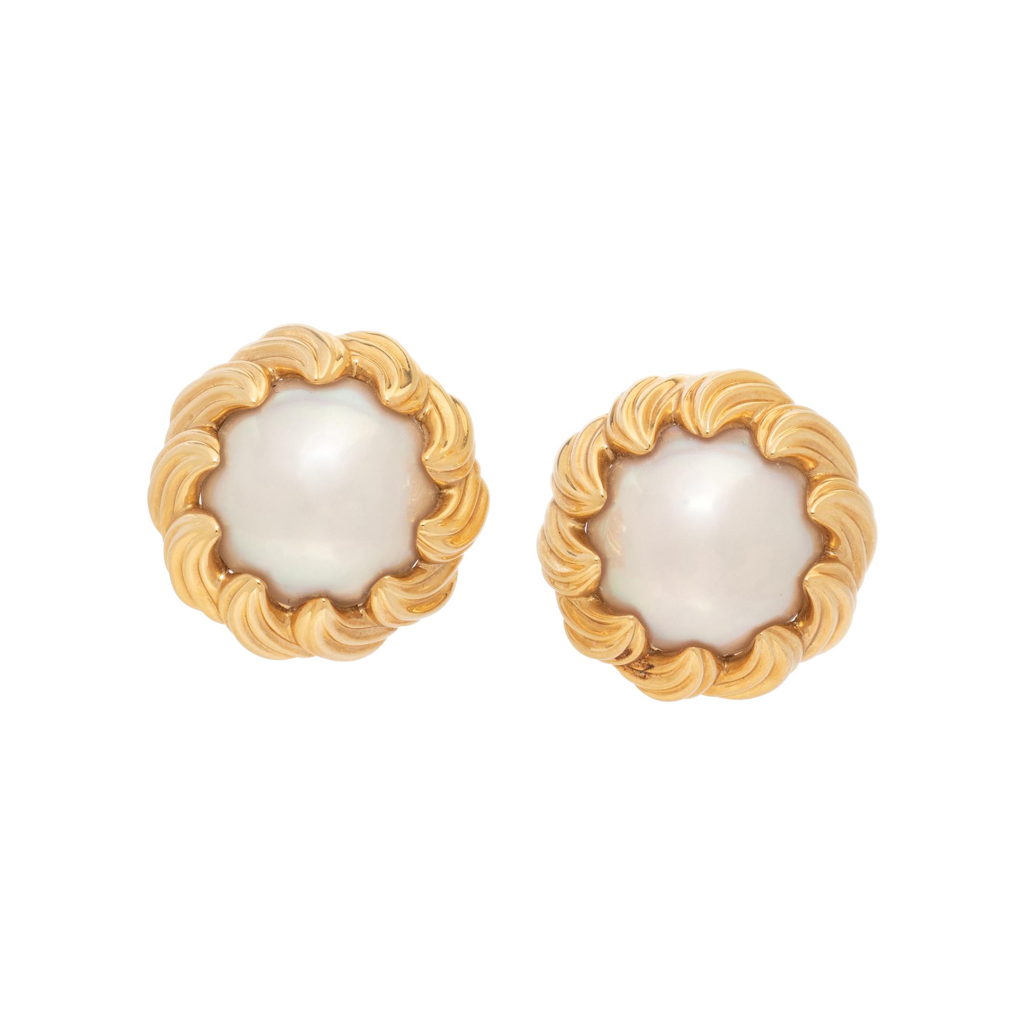 TIFFANY & CO., YELLOW GOLD AND MABÉ PEARL 'SCALLOPED SWIRL' EARRINGS