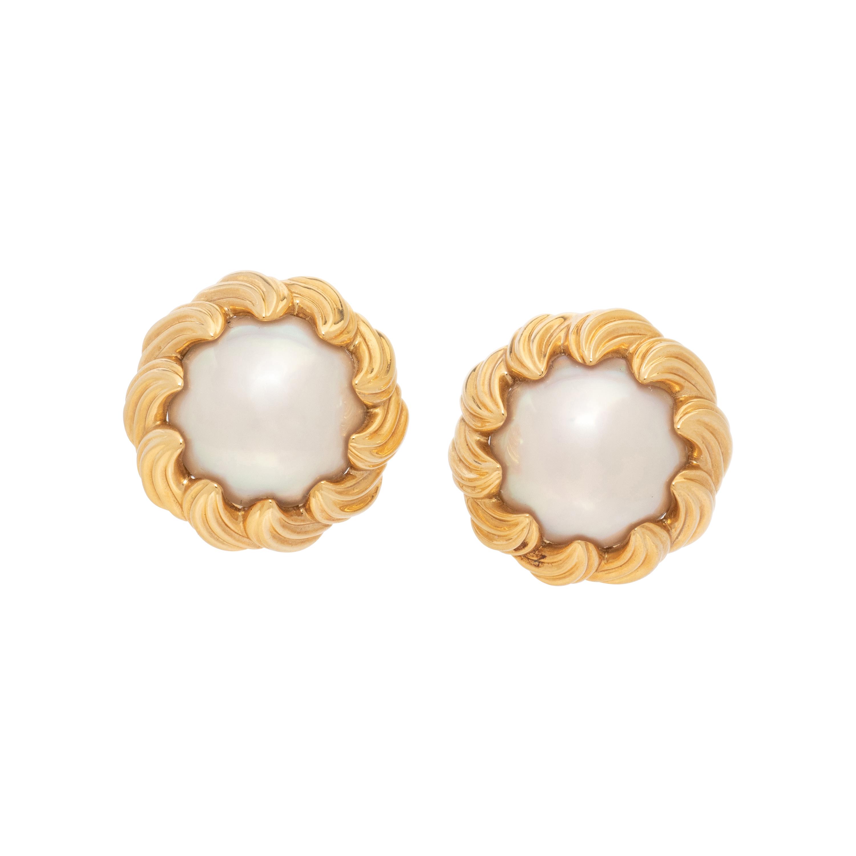 TIFFANY & CO., YELLOW GOLD AND MABÉ PEARL 'SCALLOPED SWIRL' EARRINGS