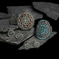 Zuni Silver and Petit Point Turquoise Cuff Bracelet, Pin/Brooch, and Earrings, PLUS