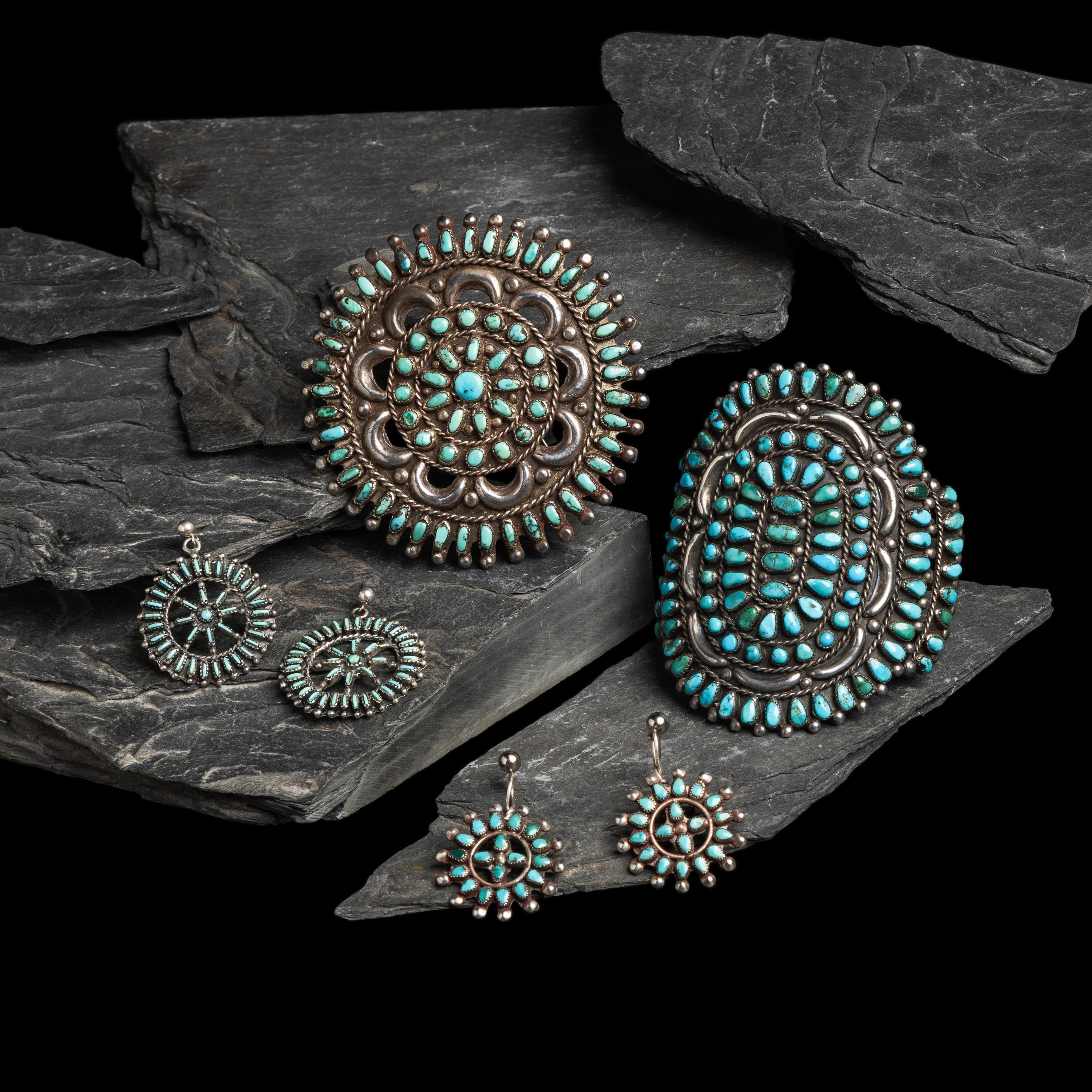Zuni Silver and Petit Point Turquoise Cuff Bracelet, Pin/Brooch, and Earrings, PLUS