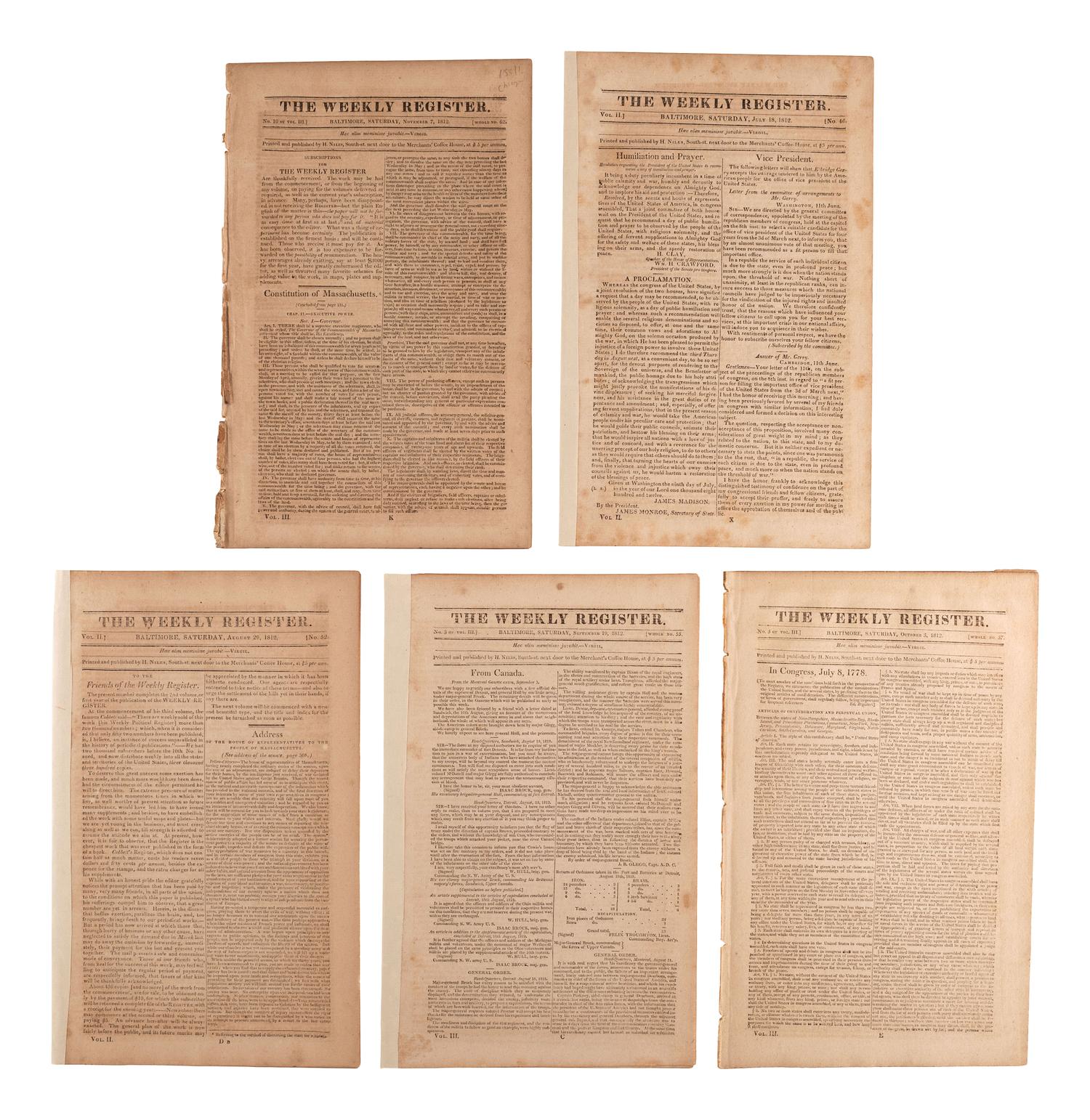 [WAR OF 1812]. A group of 6 pamphlets regarding the War of 1812. [ With :] The Weekly Register. Baltimore, 18 July-7 November 1812. 5 issues with early coverage of the War incl. Fort Dearborn Massacre.