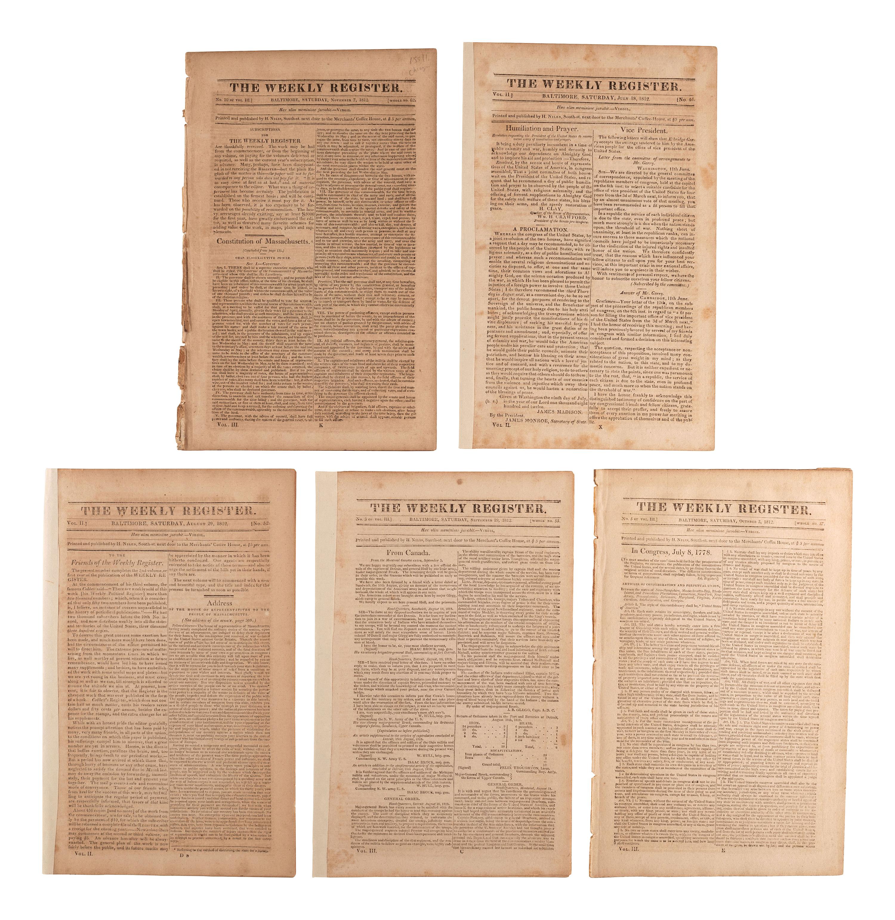 [WAR OF 1812]. A group of 6 pamphlets regarding the War of 1812. [ With :] The Weekly Register. Baltimore, 18 July-7 November 1812. 5 issues with early coverage of the War incl. Fort Dearborn Massacre.