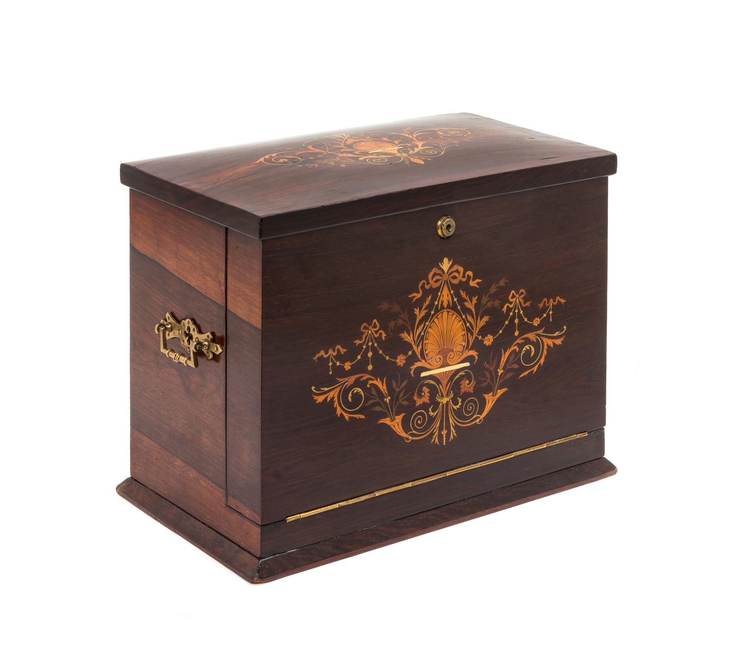 An Edwardian Rosewood and Marquetry Stationery Box, Height 11 3/4 x width 15 x depth 8 7/8 inches.