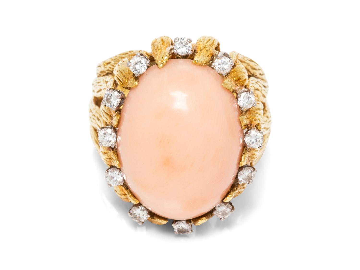 An 18 Karat Bicolor Gold, Angel Skin Coral and Diamond Ring,