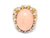 An 18 Karat Bicolor Gold, Angel Skin Coral and Diamond Ring,