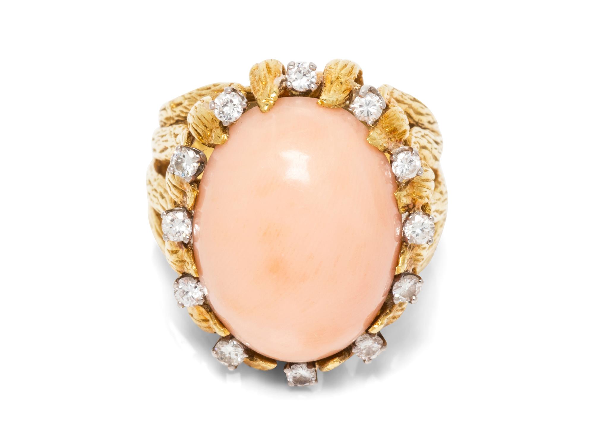 An 18 Karat Bicolor Gold, Angel Skin Coral and Diamond Ring,