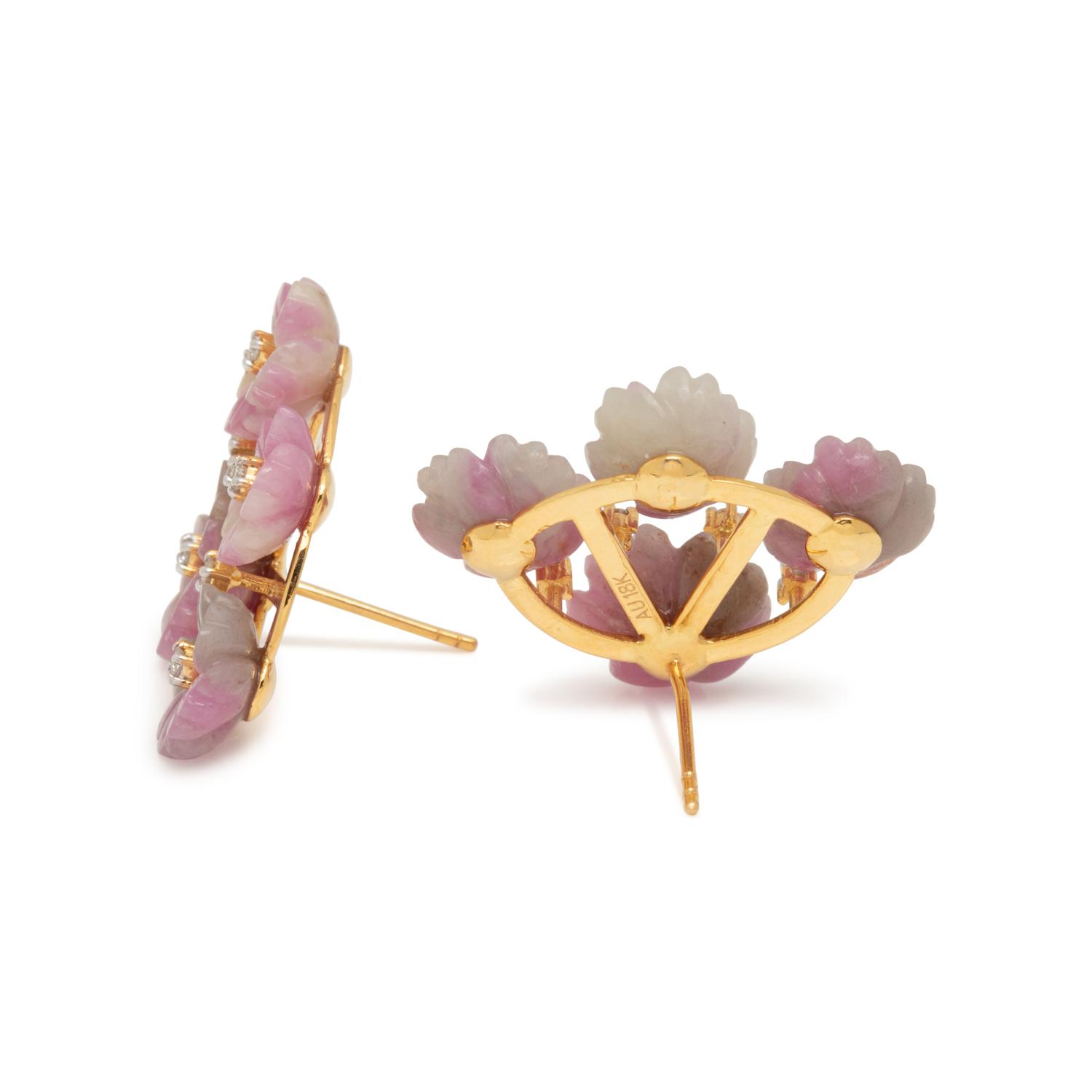 CARVED SAPPHIRE AND DIAMOND FLOWER EARRINGS