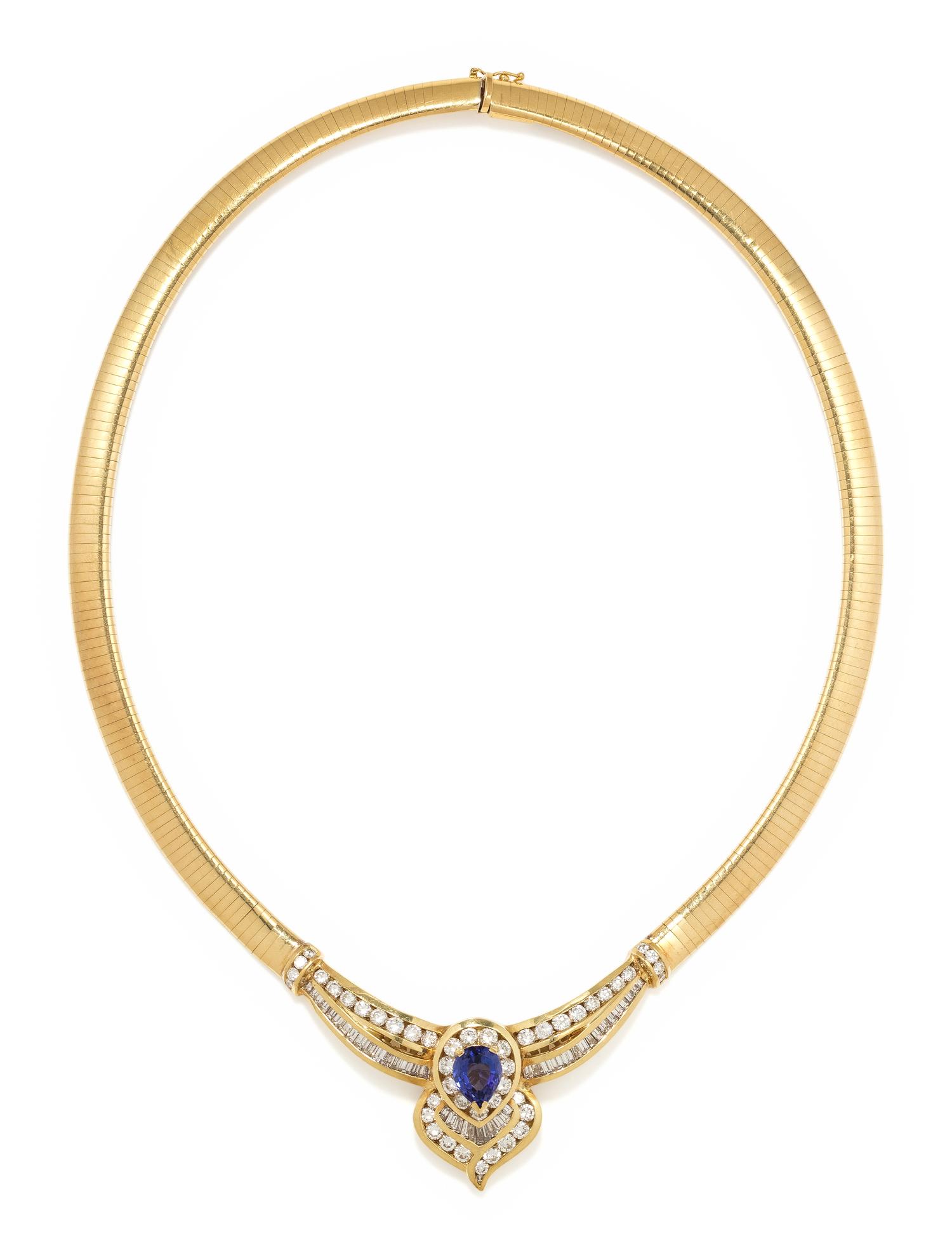 YELLOW GOLD, TANZANITE AND DIAMOND COLLAR NECKLACE