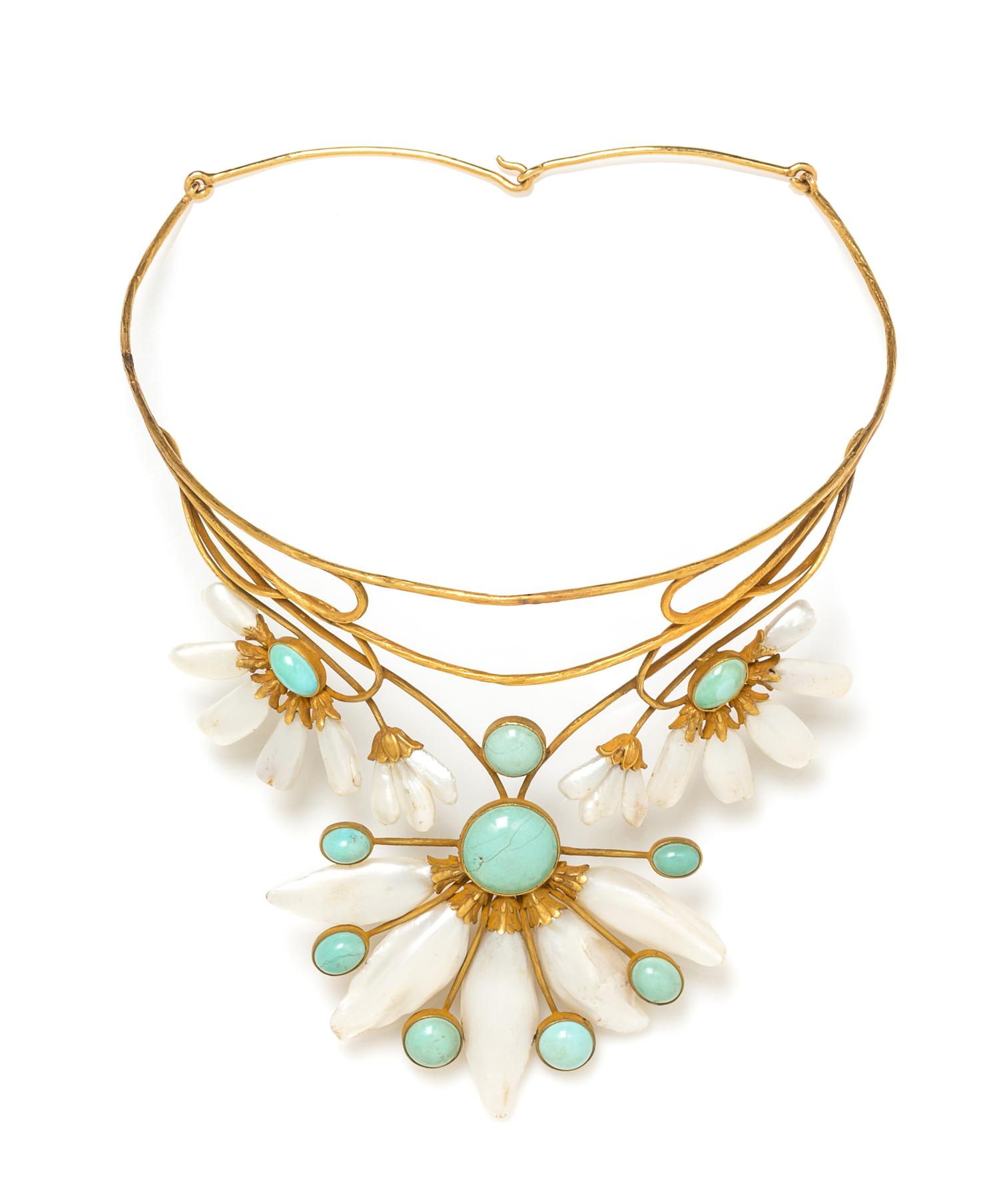 An Arts and Crafts Yellow Gold, Turquoise and Freshwater Pearl Collar Necklace, 38.40 dwts.