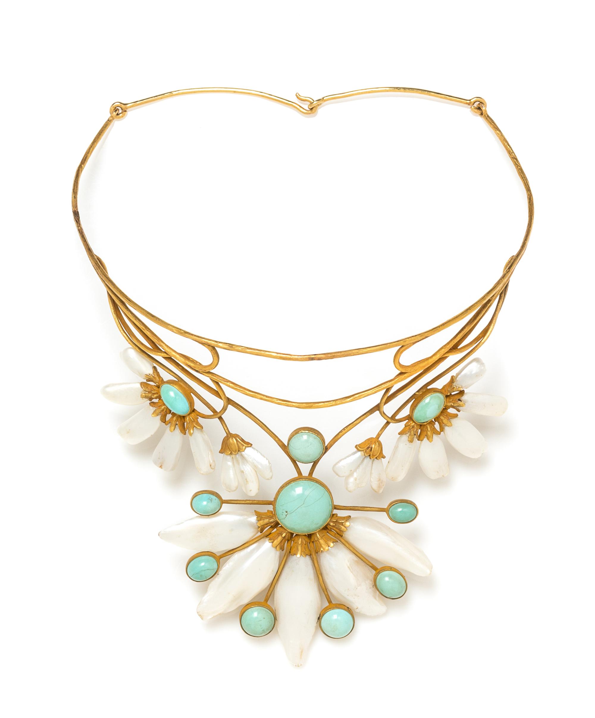 An Arts and Crafts Yellow Gold, Turquoise and Freshwater Pearl Collar Necklace, 38.40 dwts.
