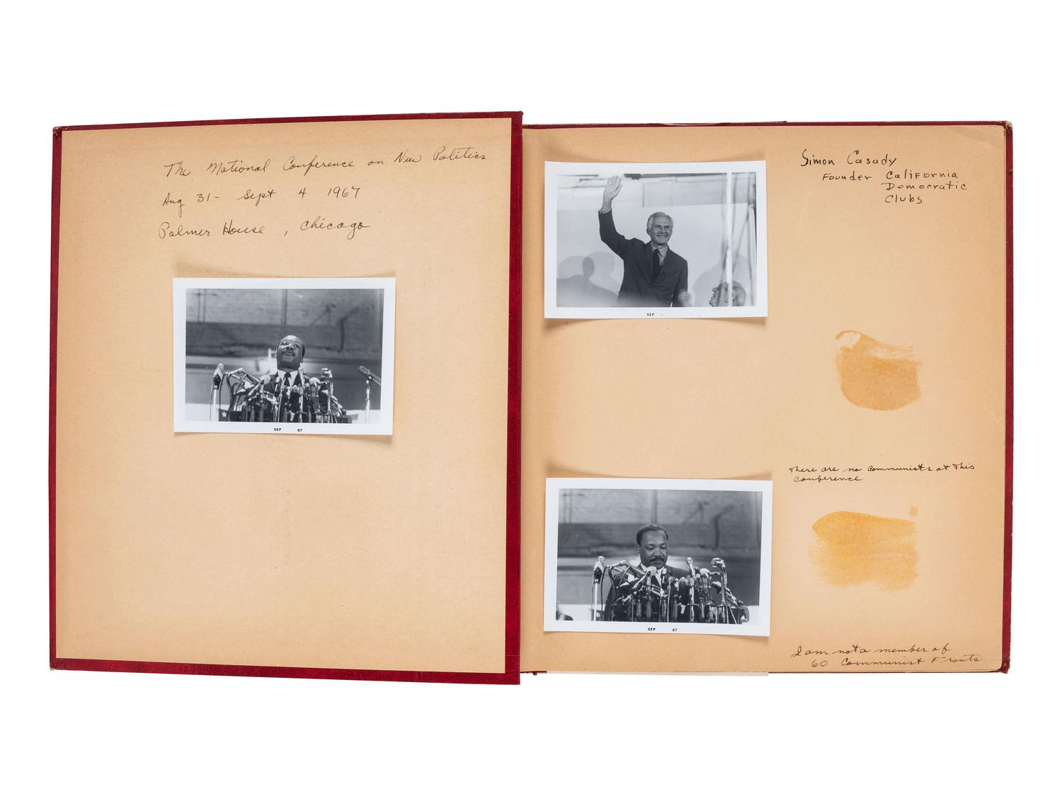 [KING, Martin Luther, Jr. (1929-1968)] - [CIVIL RIGHTS]. Photograph album documenting the National Conference for New Politics, Chicago, IL, 31 August-4 September 1967. Highlighted by 5 photographs of Dr. Martin Luther King, Jr.