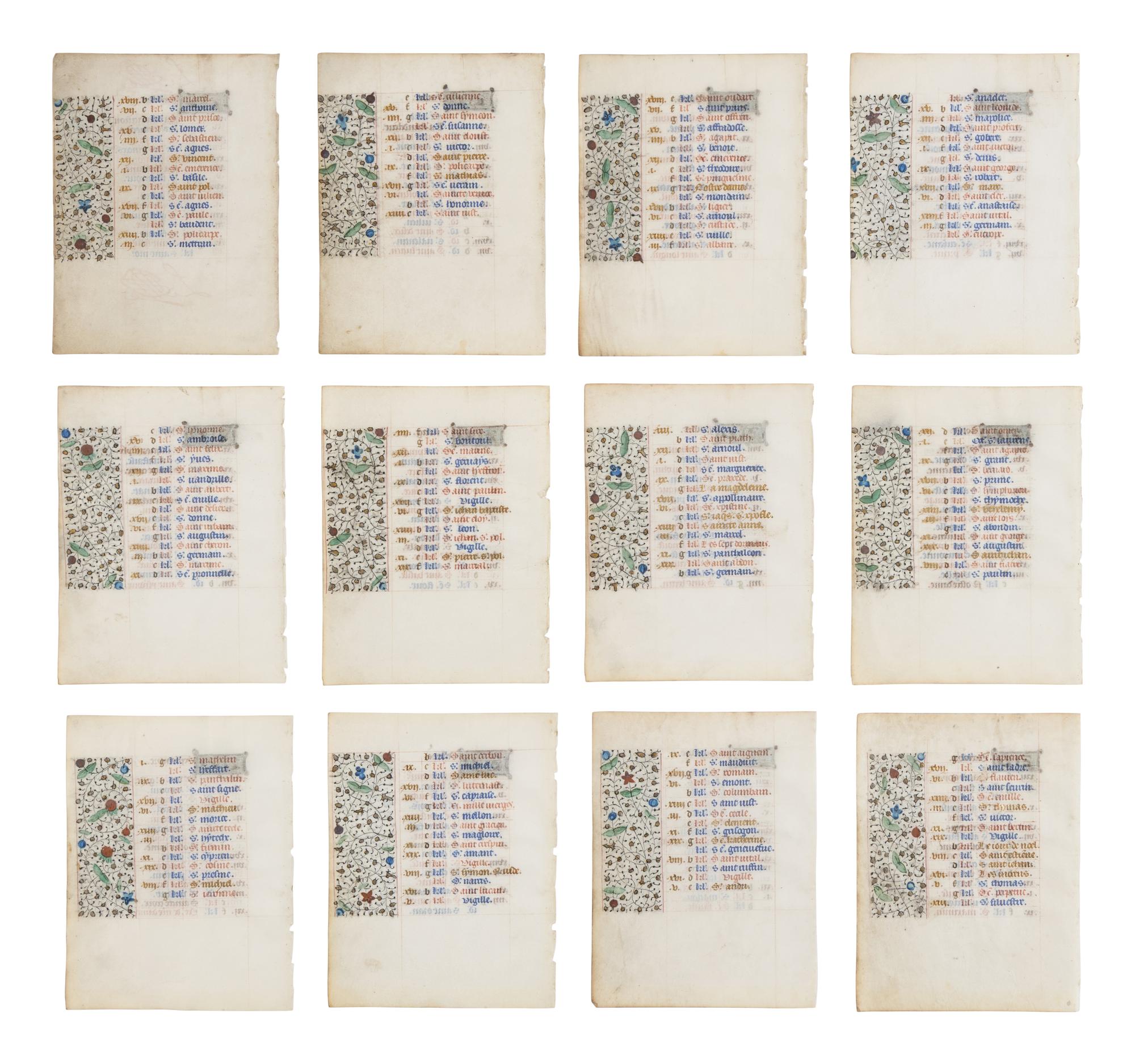 FOLLOWER OF THE MASTER OF JEAN ROLIN II (active Paris, c. 1445–1465) Twelve leaves from a Book of Hours, Calendar, in French, illuminated manuscript on parchment [France, Paris, c. 1450–1470]