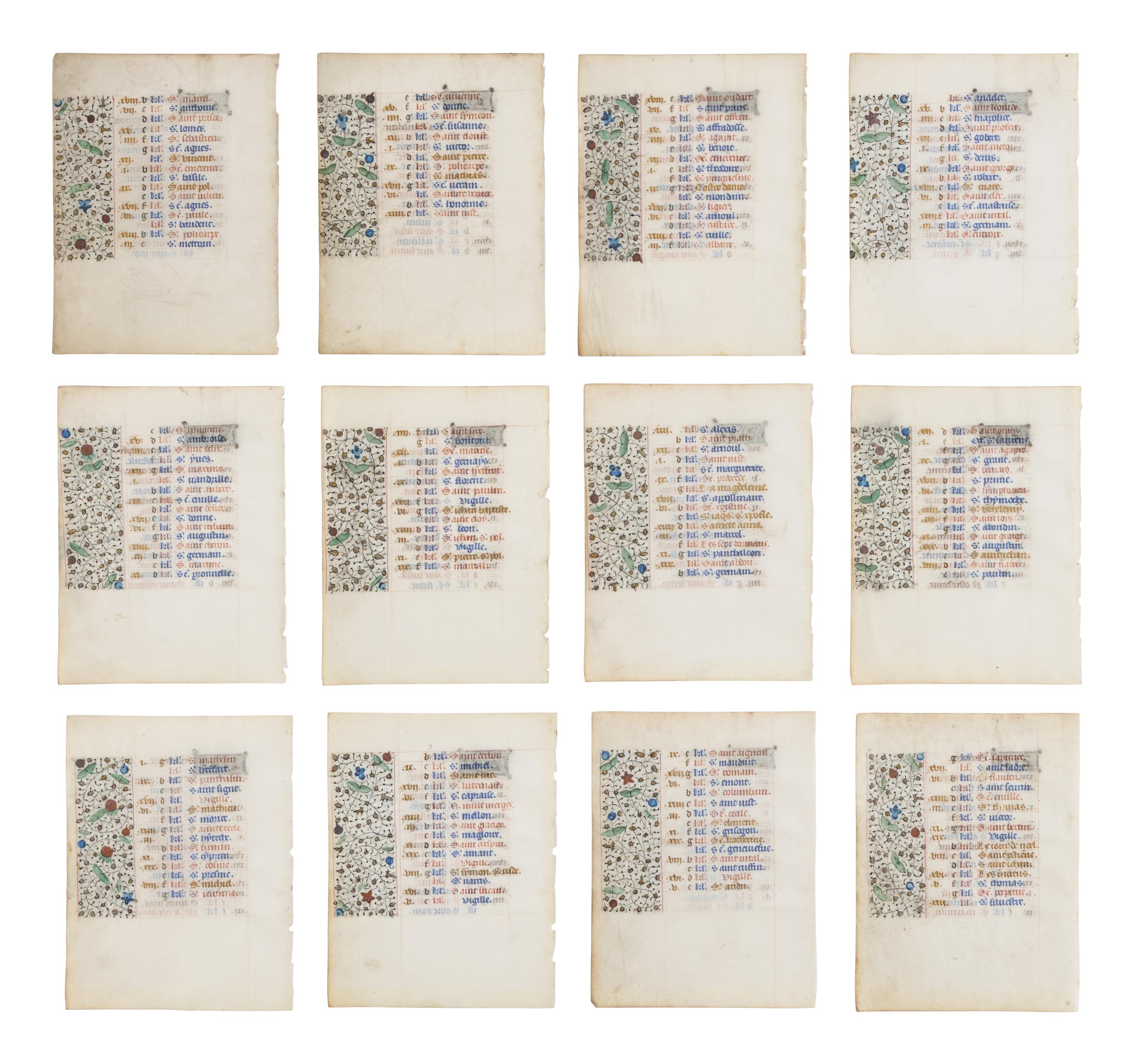 FOLLOWER OF THE MASTER OF JEAN ROLIN II (active Paris, c. 1445–1465) Twelve leaves from a Book of Hours, Calendar, in French, illuminated manuscript on parchment [France, Paris, c. 1450–1470]