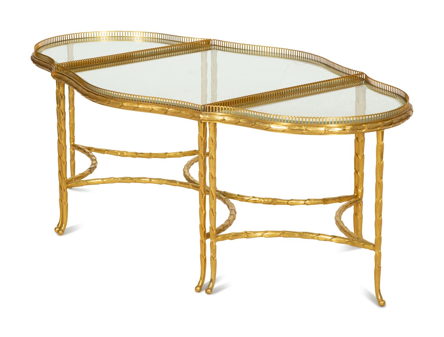 A French Three-Part Gilt Metal and Glass Coffee Table