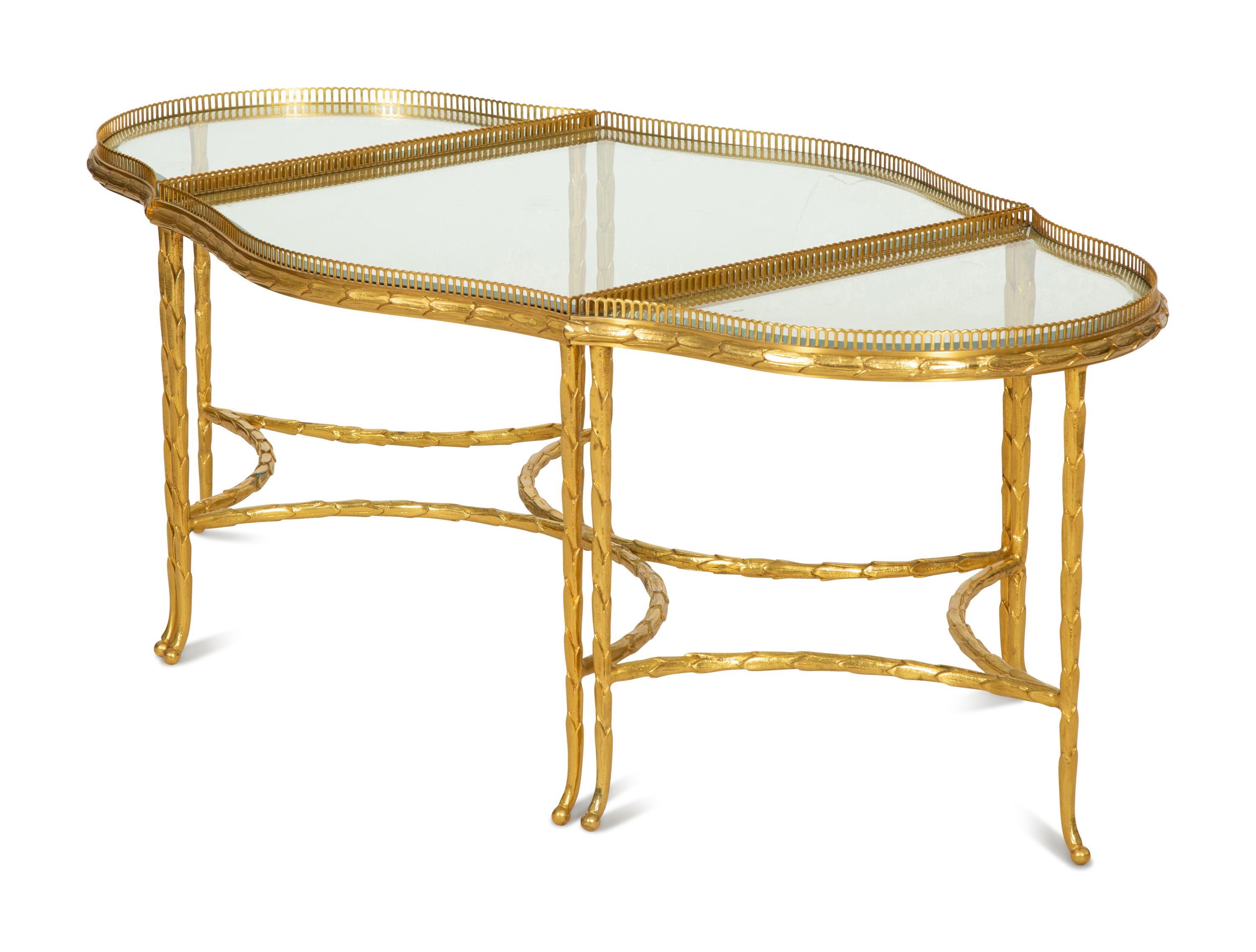 A French Three-Part Gilt Metal and Glass Coffee Table