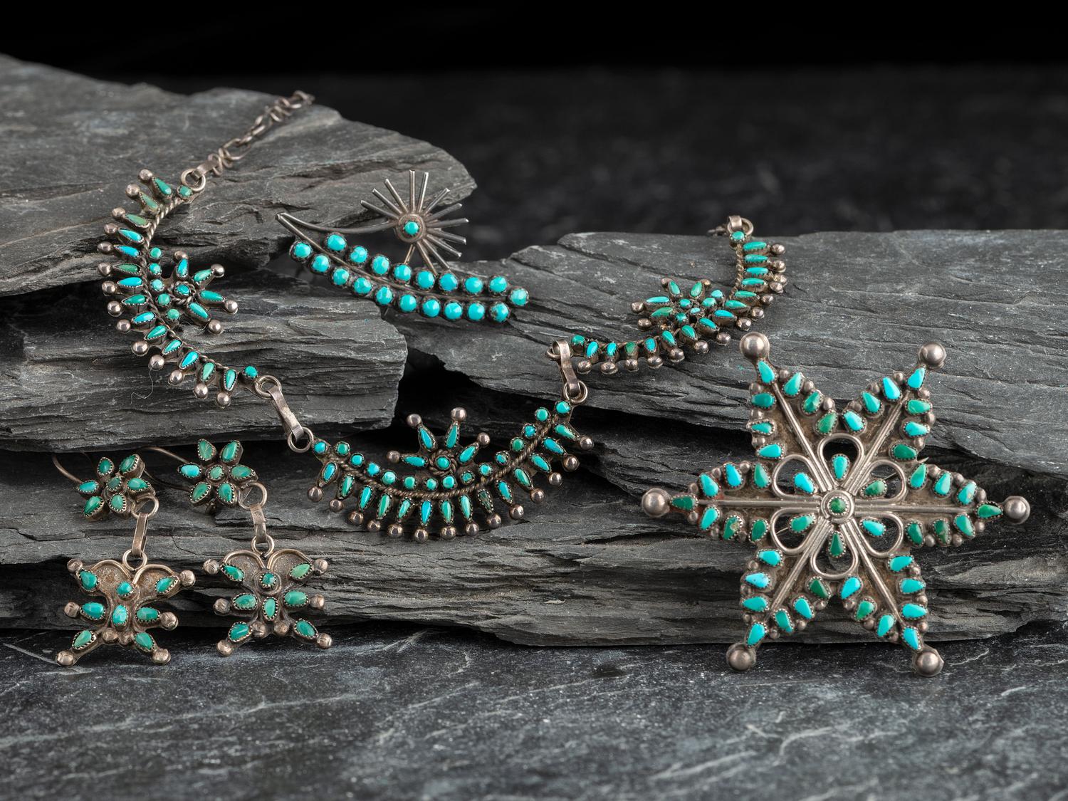 Zuni Silver and Floral Petit Point Turquoise Jewelry