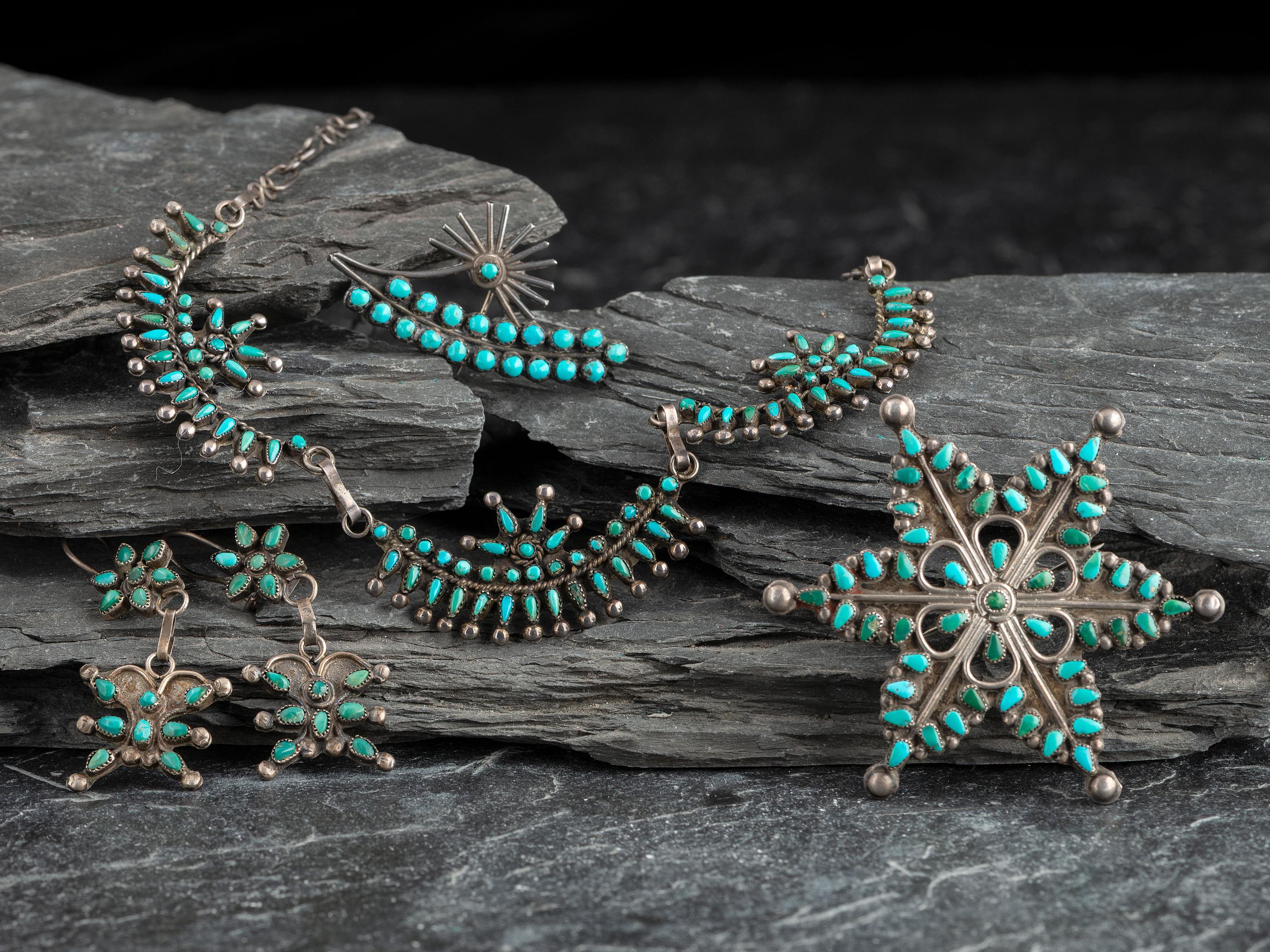 Zuni Silver and Floral Petit Point Turquoise Jewelry