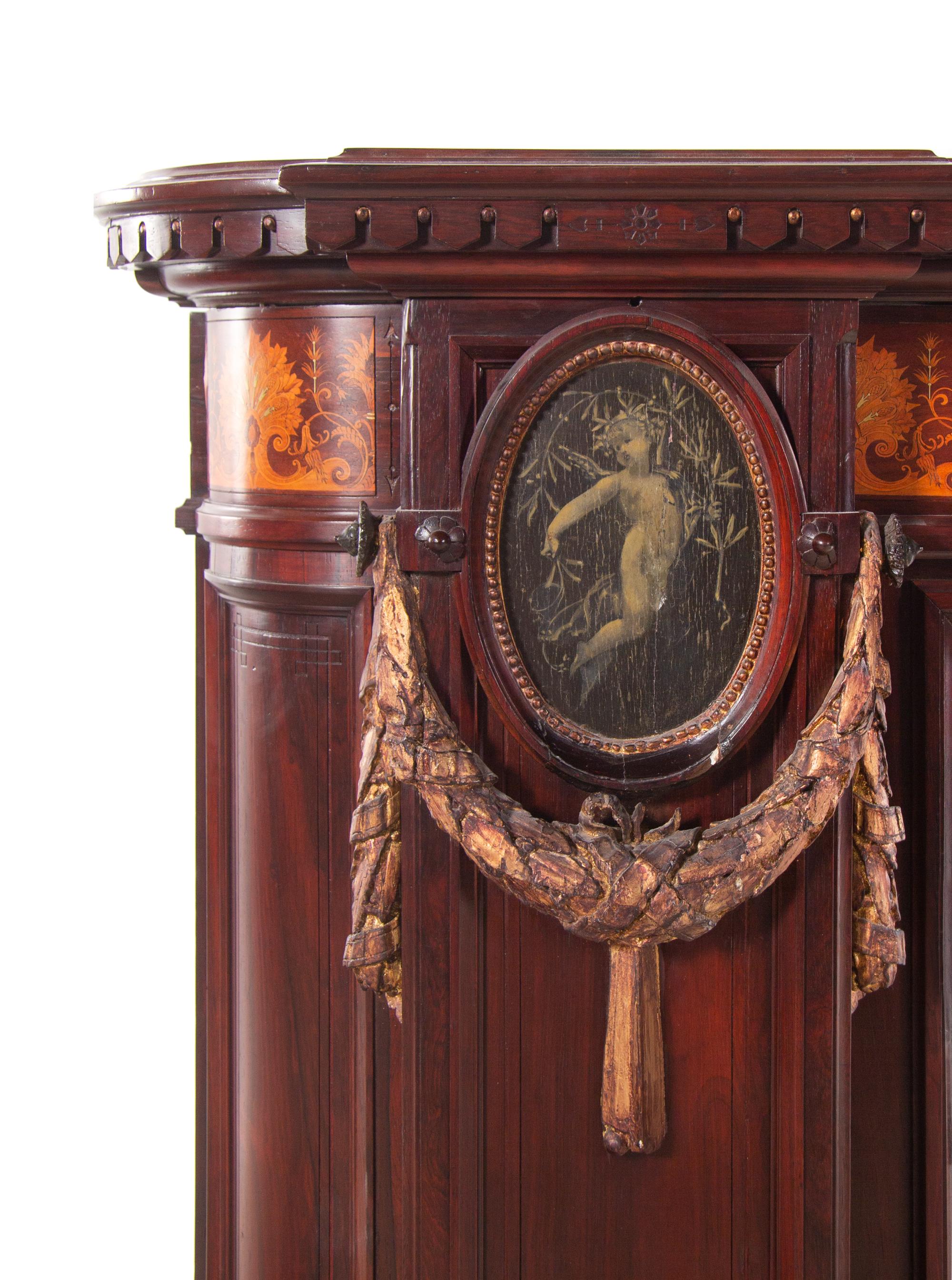 A Herter Brothers Parcel Ebonized and Rosewood Inlaid Walnut Chimneypiece