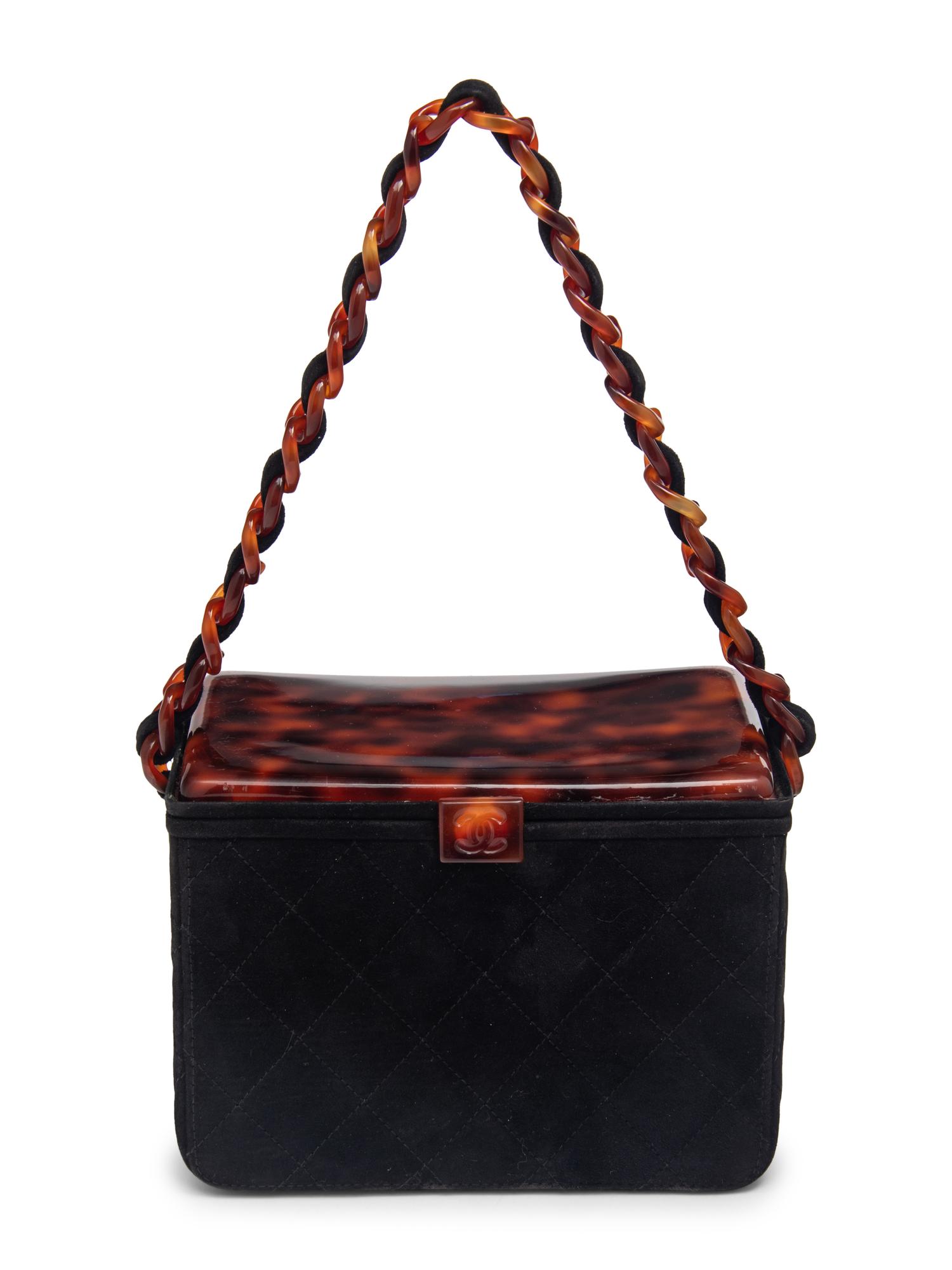 Chanel Box Bag in Black Suede with Faux Tortoiseshell Bakelite Details