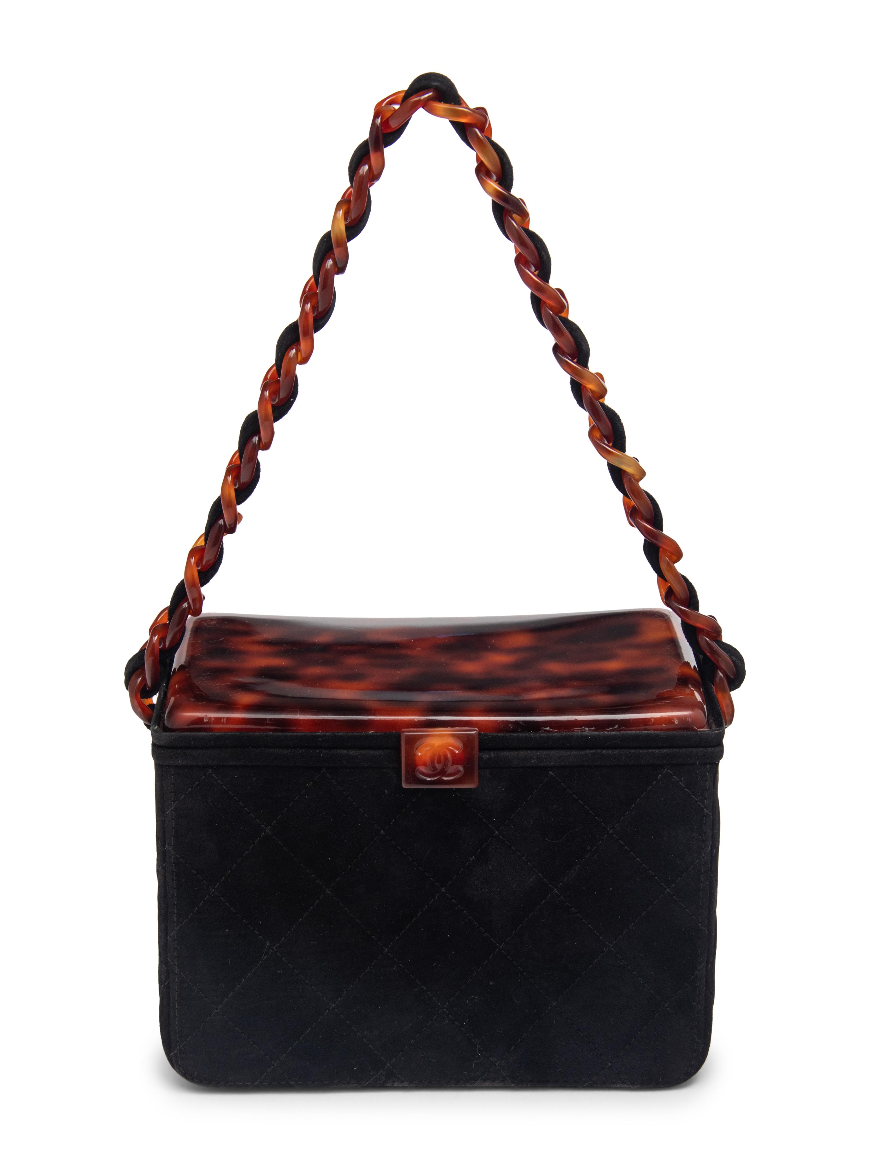 Chanel Box Bag in Black Suede with Faux Tortoiseshell Bakelite Details