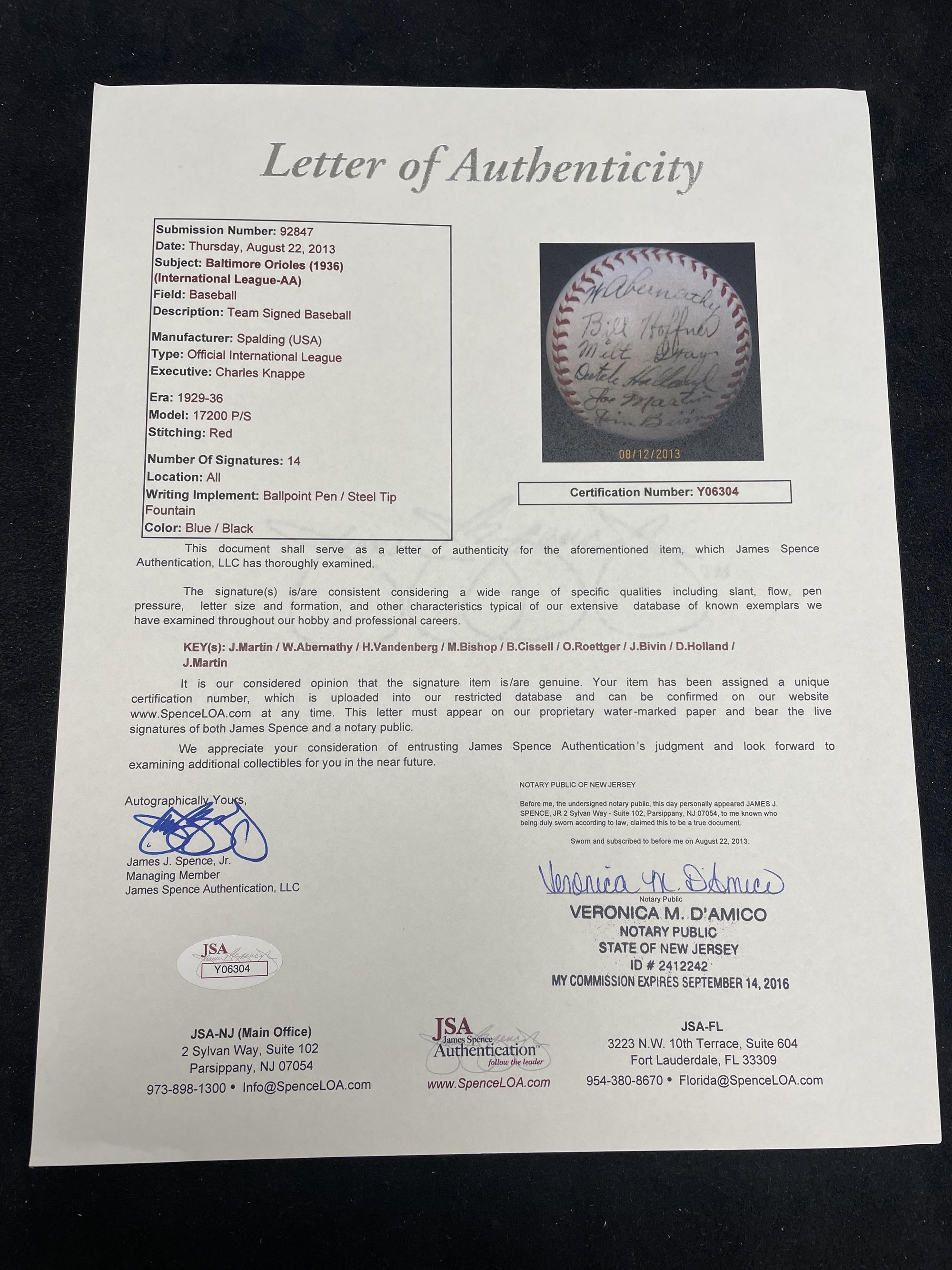 A 1936 Baltimore Orioles Team Signed Autograph Baseball (JSA Letter of Authenticity)