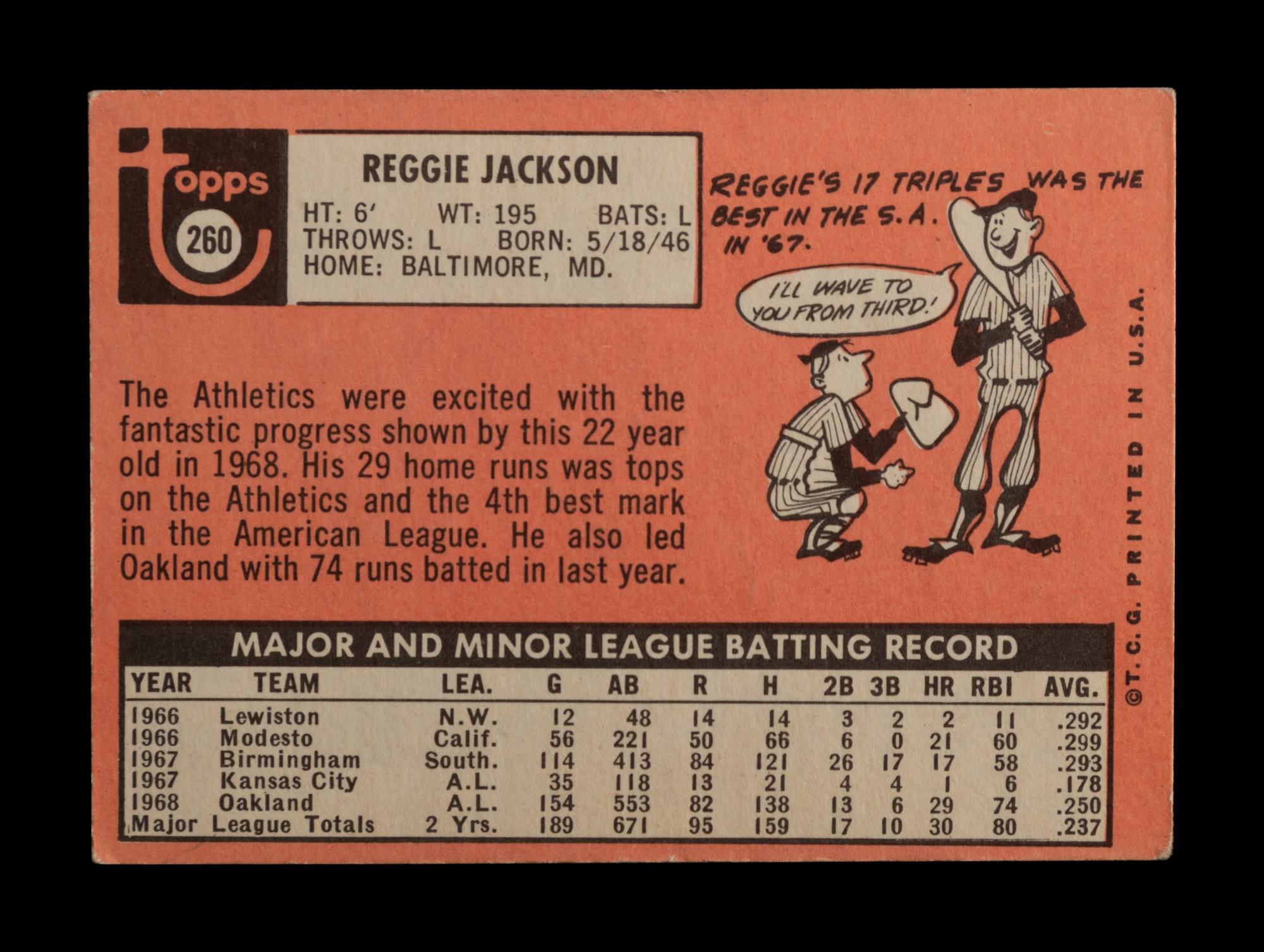 A 1969 Topps Reggie Jackson Rookie Baseball Card No. 260