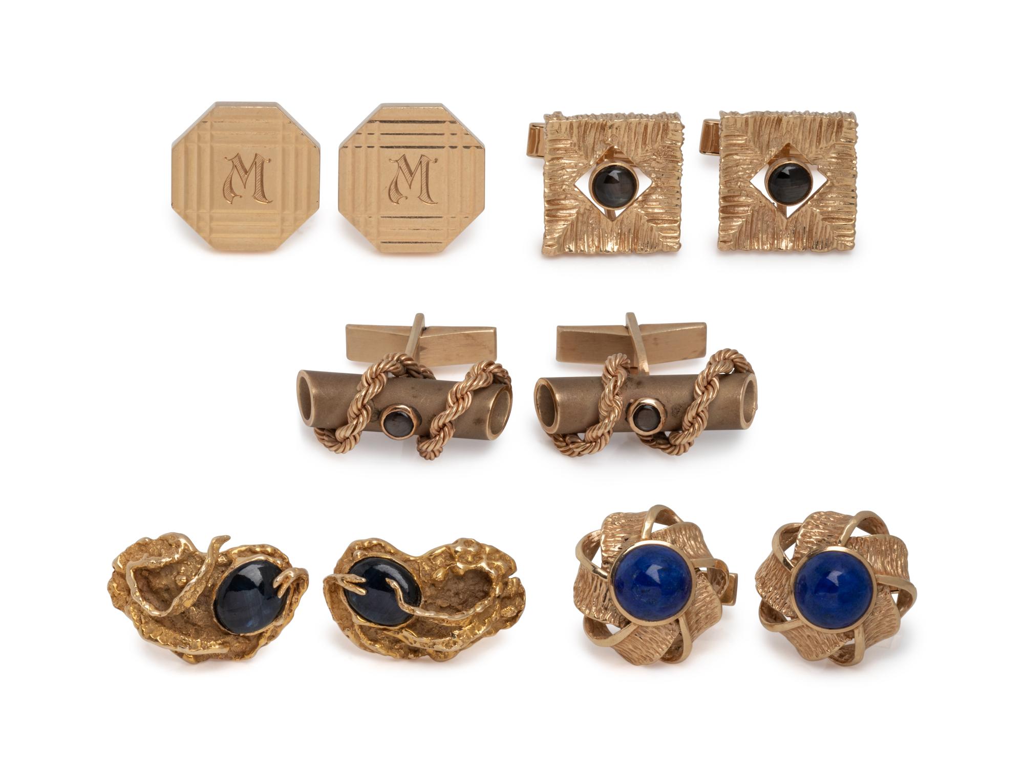 COLLECTION OF YELLOW GOLD AND GEMSTONE CUFFLINKS