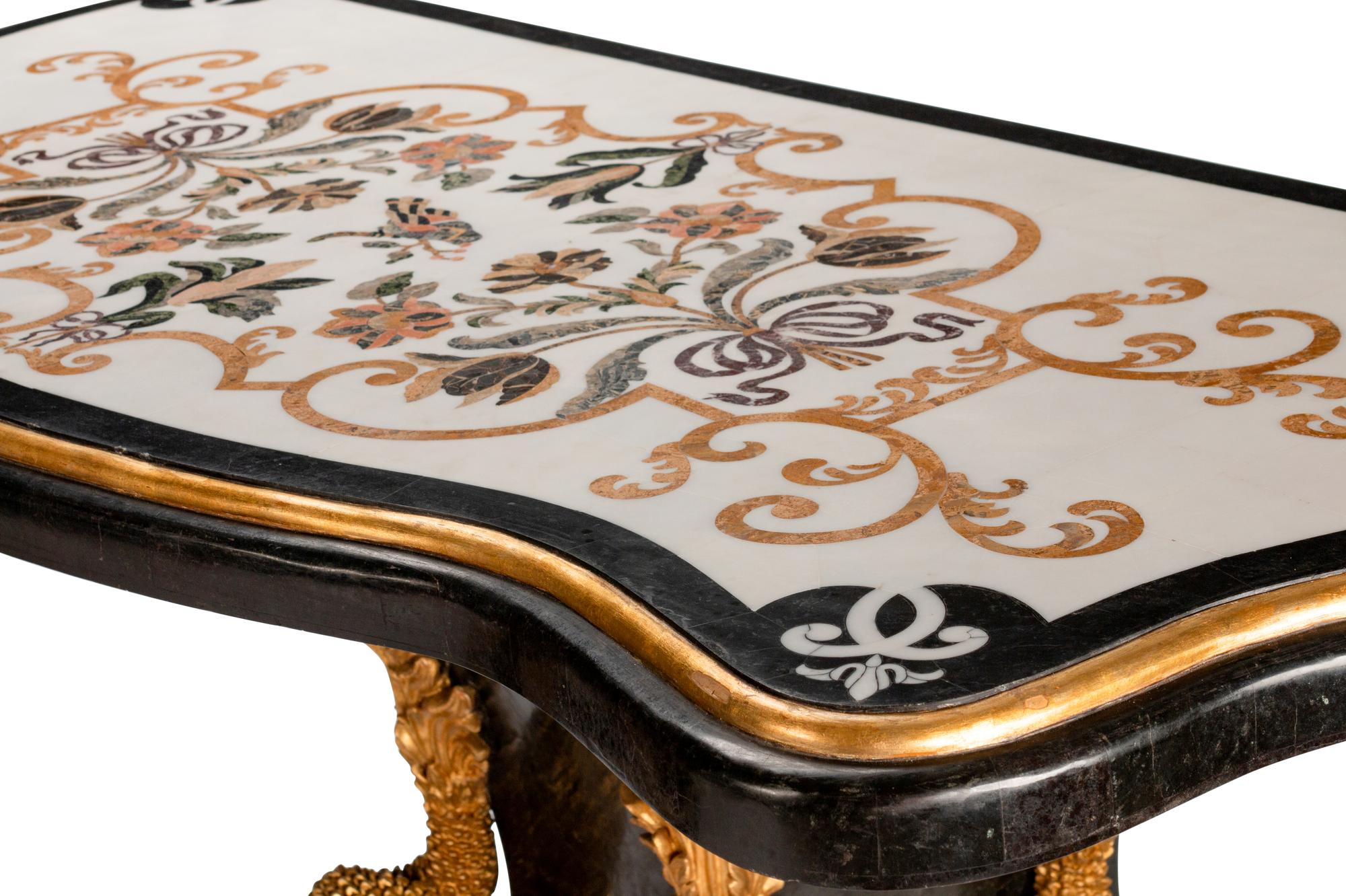 A Pair of Italian Empire Style Parcel-Gilt and Inlaid Marble Consoles