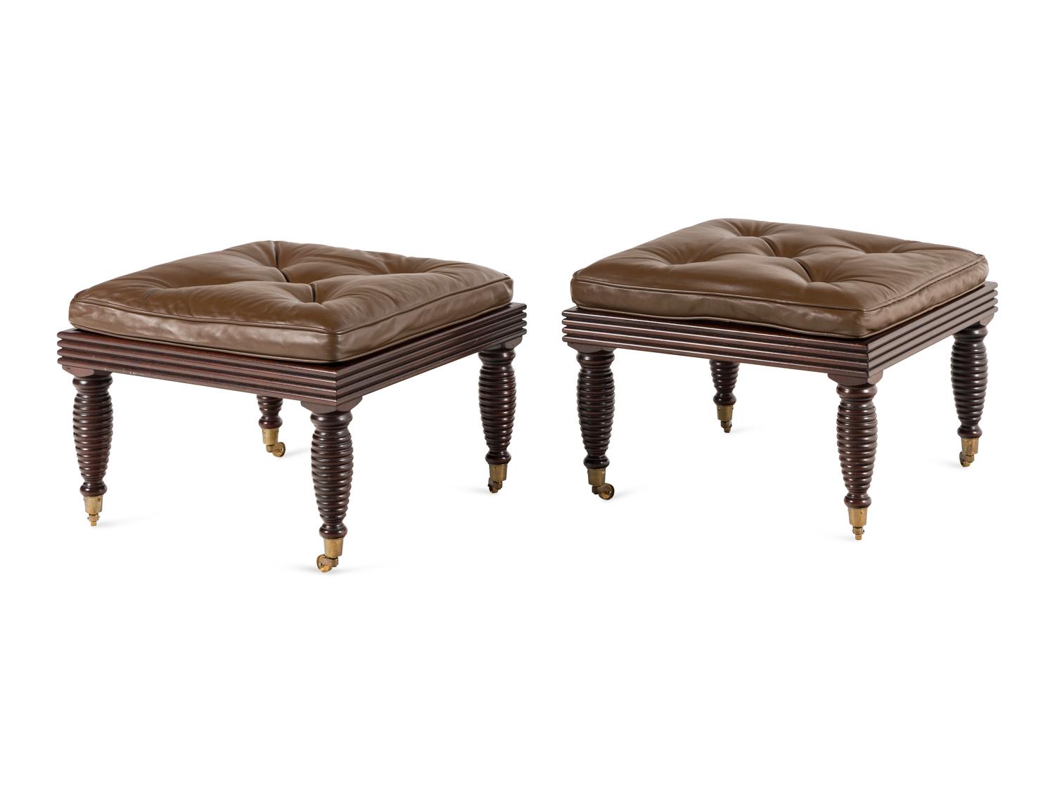 A Pair of English Mahogany and Leather-Upholstered Stools