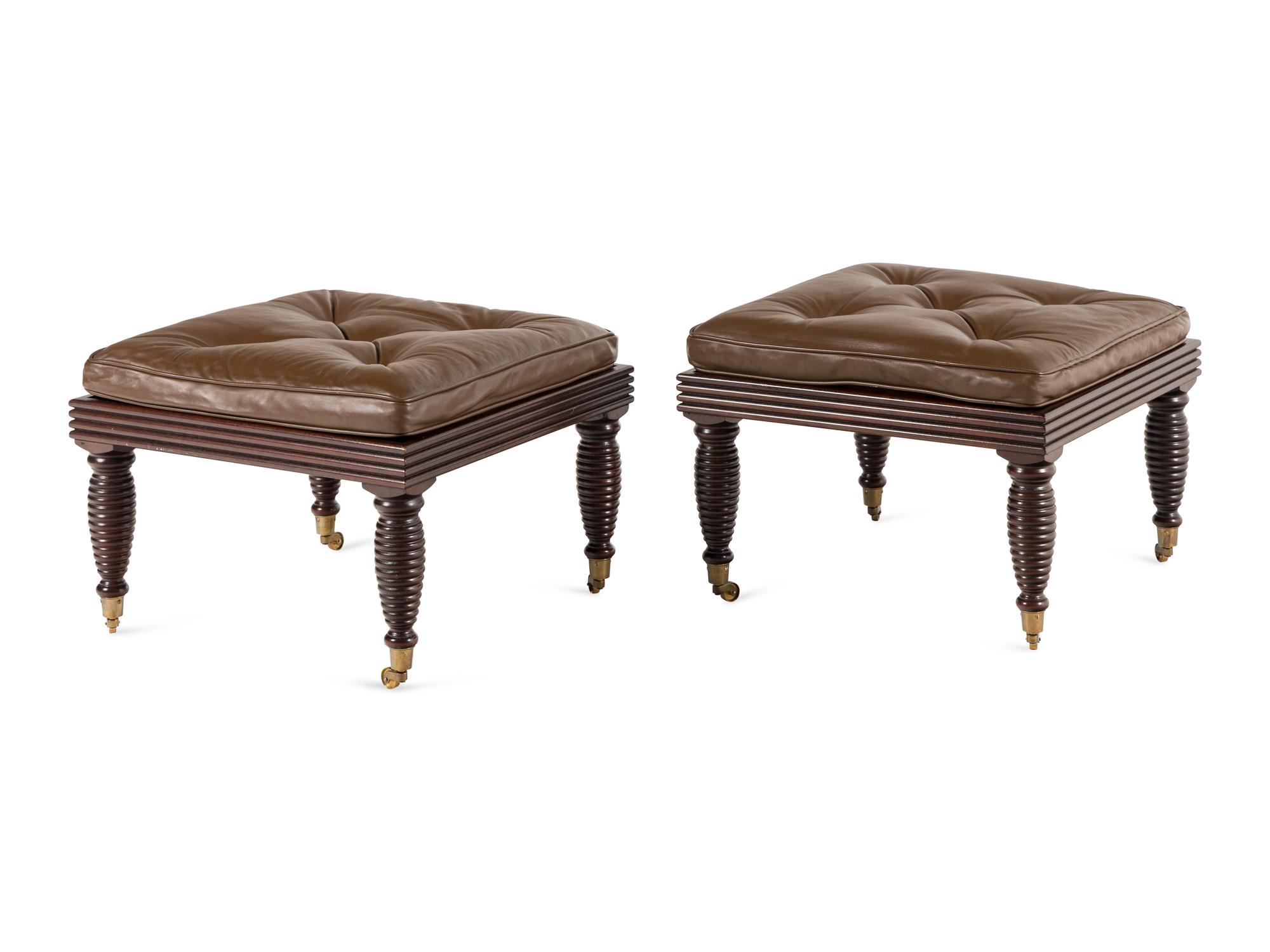 A Pair of English Mahogany and Leather-Upholstered Stools
