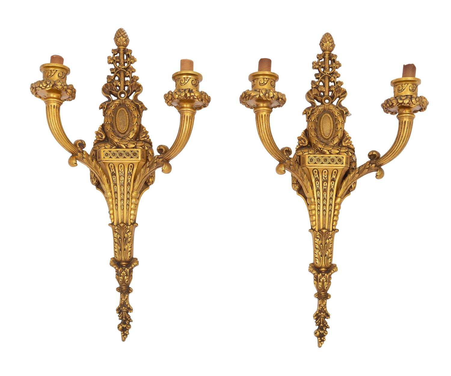 A Pair of French Neoclassical Style Two-Light Gilt Bronze Sconces