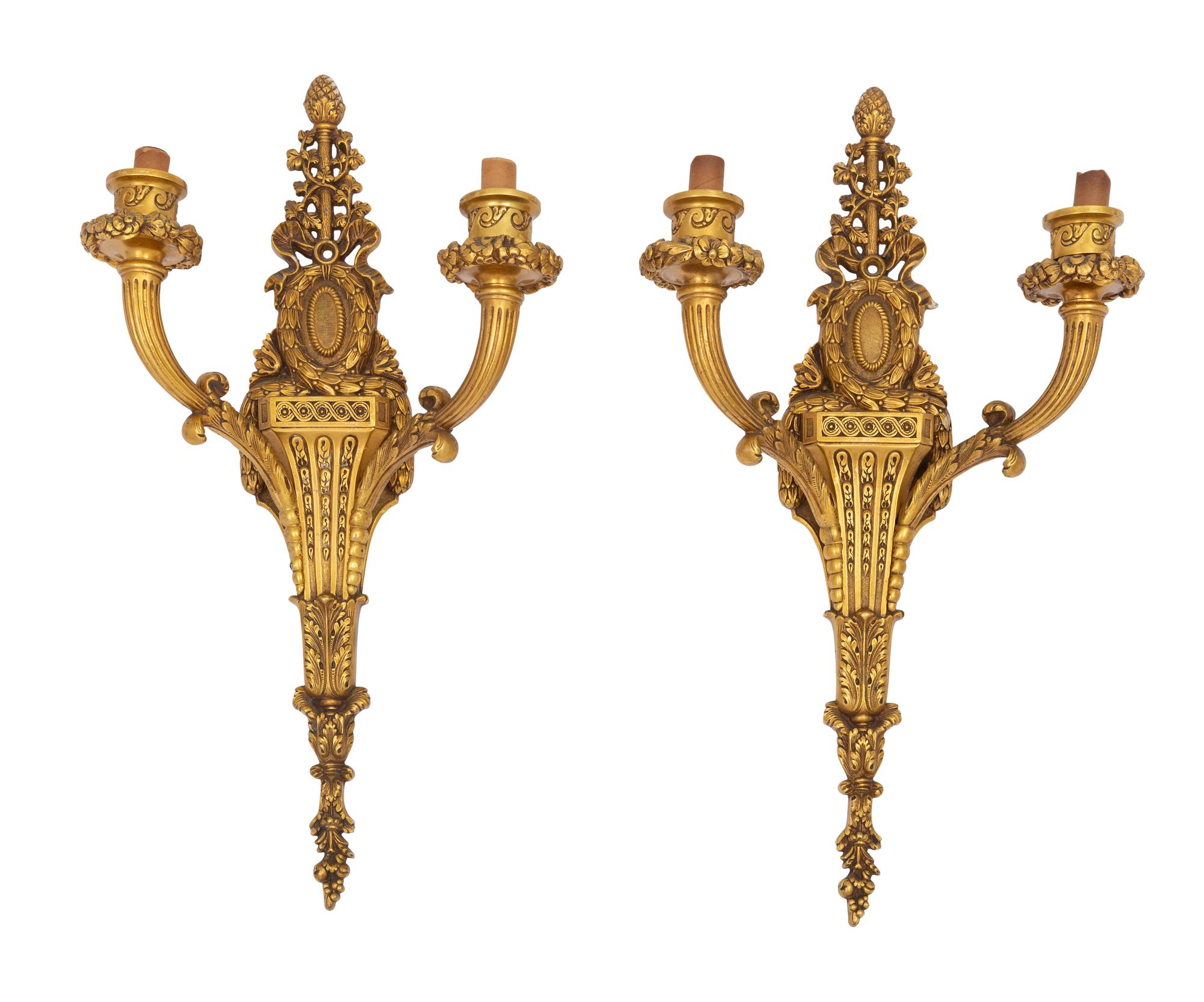 A Pair of French Neoclassical Style Two-Light Gilt Bronze Sconces