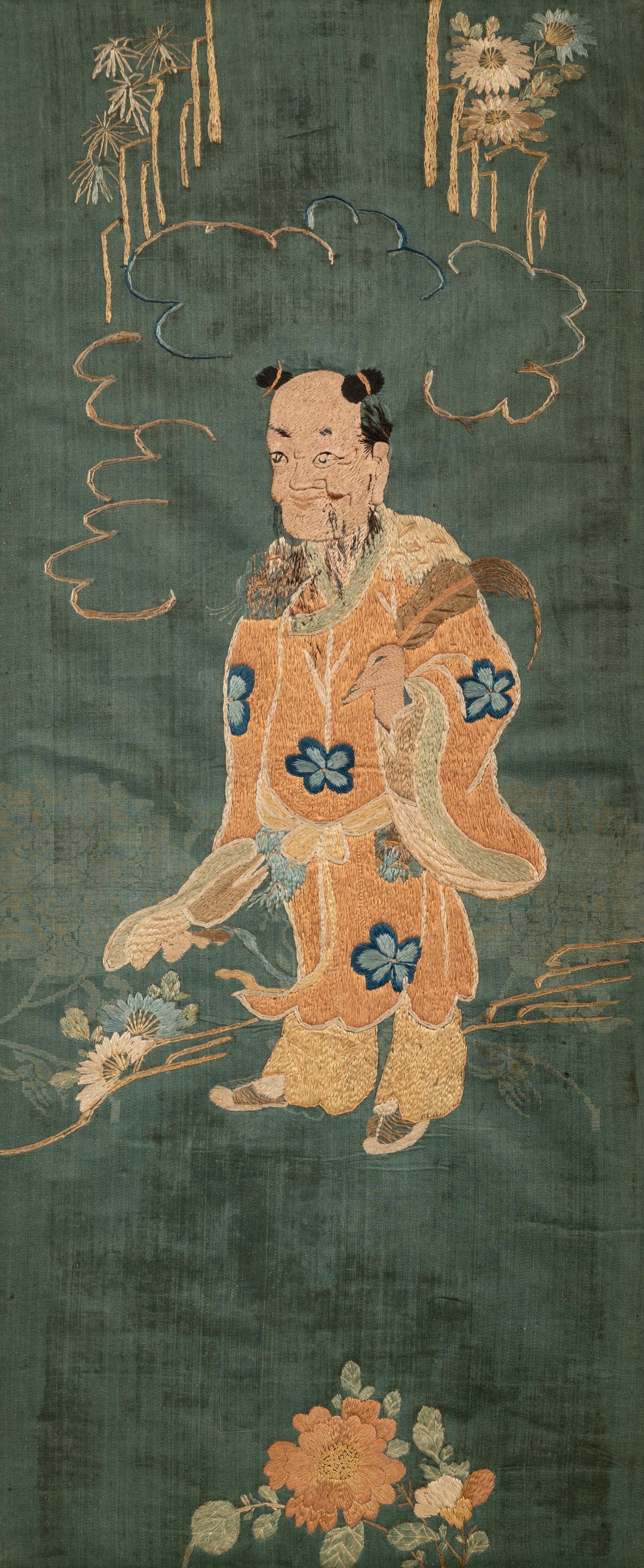 Two Chinese Blue Ground Embroidered Silk Panels