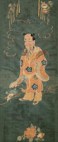 Two Chinese Blue Ground Embroidered Silk Panels