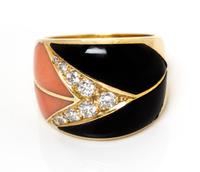 An 18 Karat Yellow Gold, Diamond, Onyx, and Coral Ring, Cartier, 6.70 dwts.