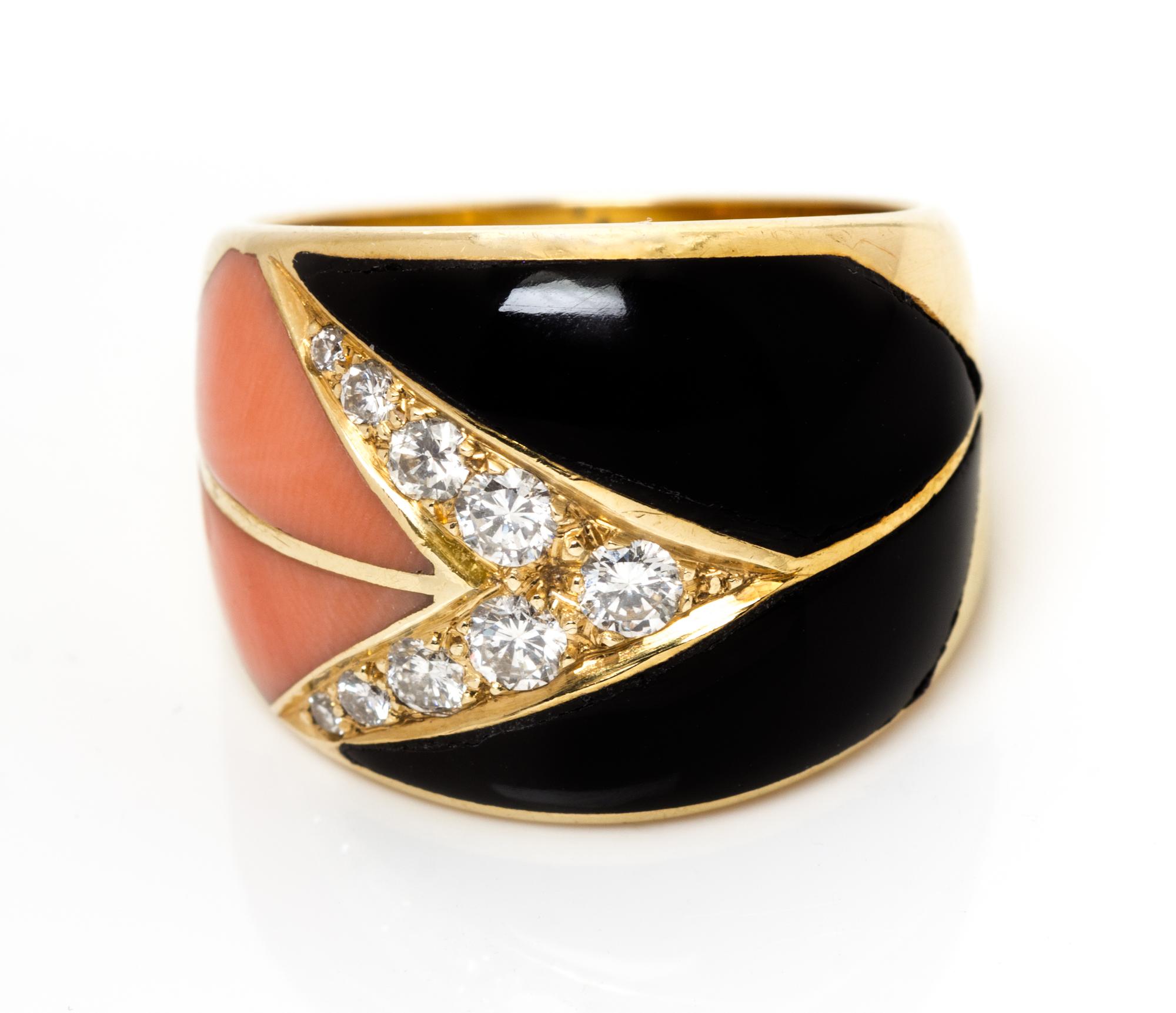 An 18 Karat Yellow Gold, Diamond, Onyx, and Coral Ring, Cartier, 6.70 dwts.