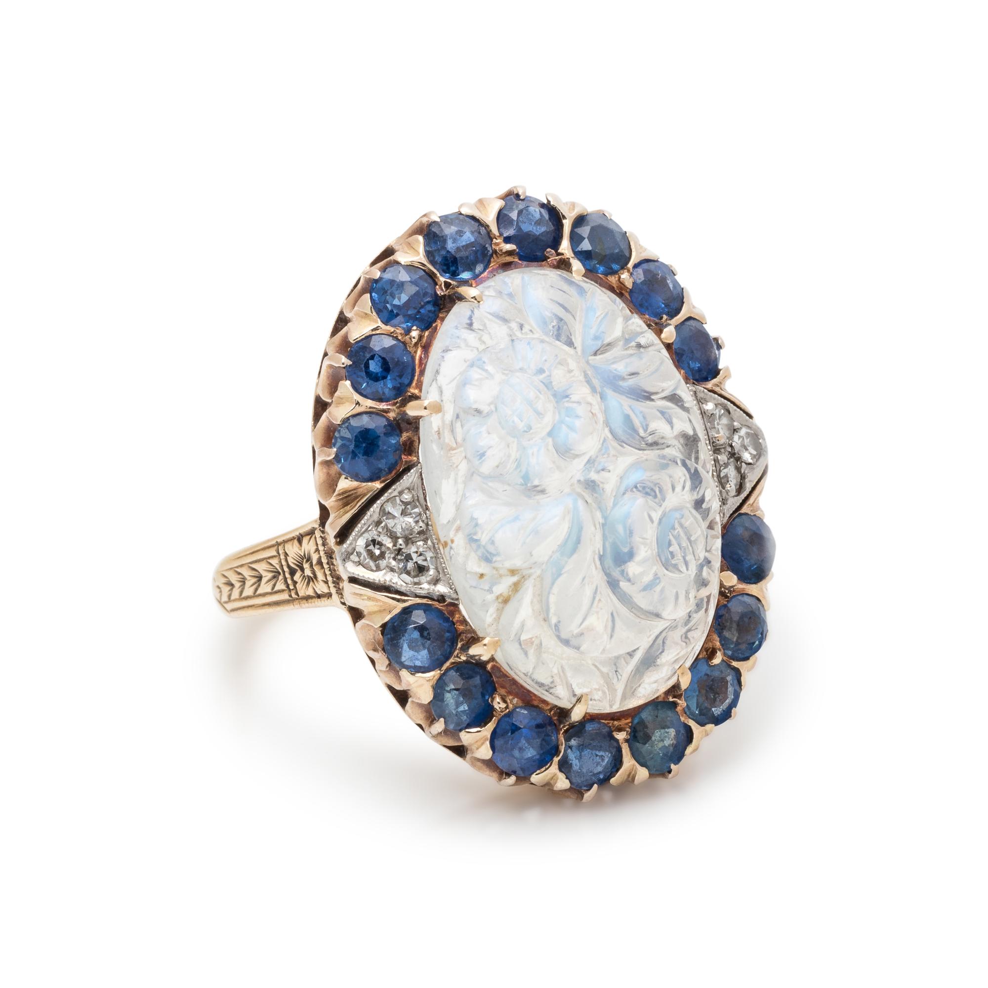 ANTIQUE, MOONSTONE, DIAMOND AND SAPPHIRE RING