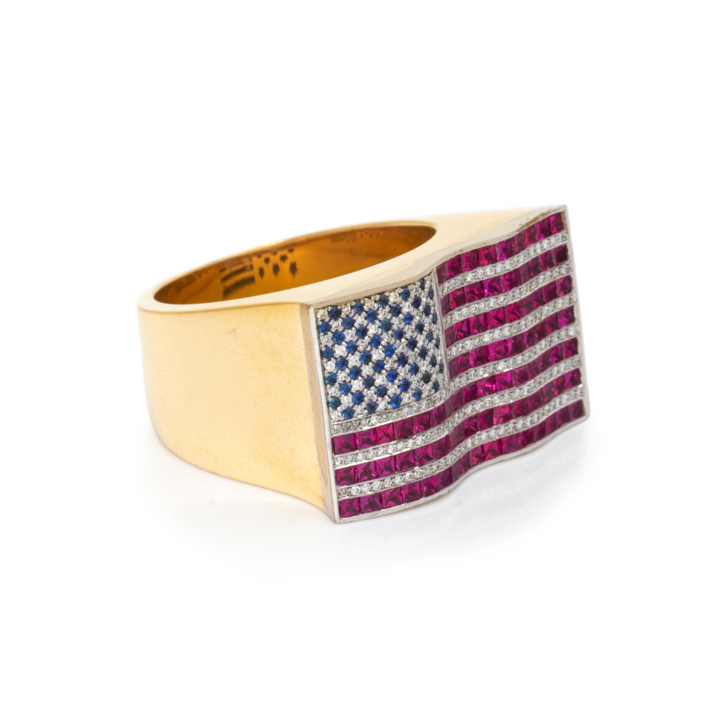 RUBY, DIAMOND AND SAPPHIRE AMERICAN FLAG RING
