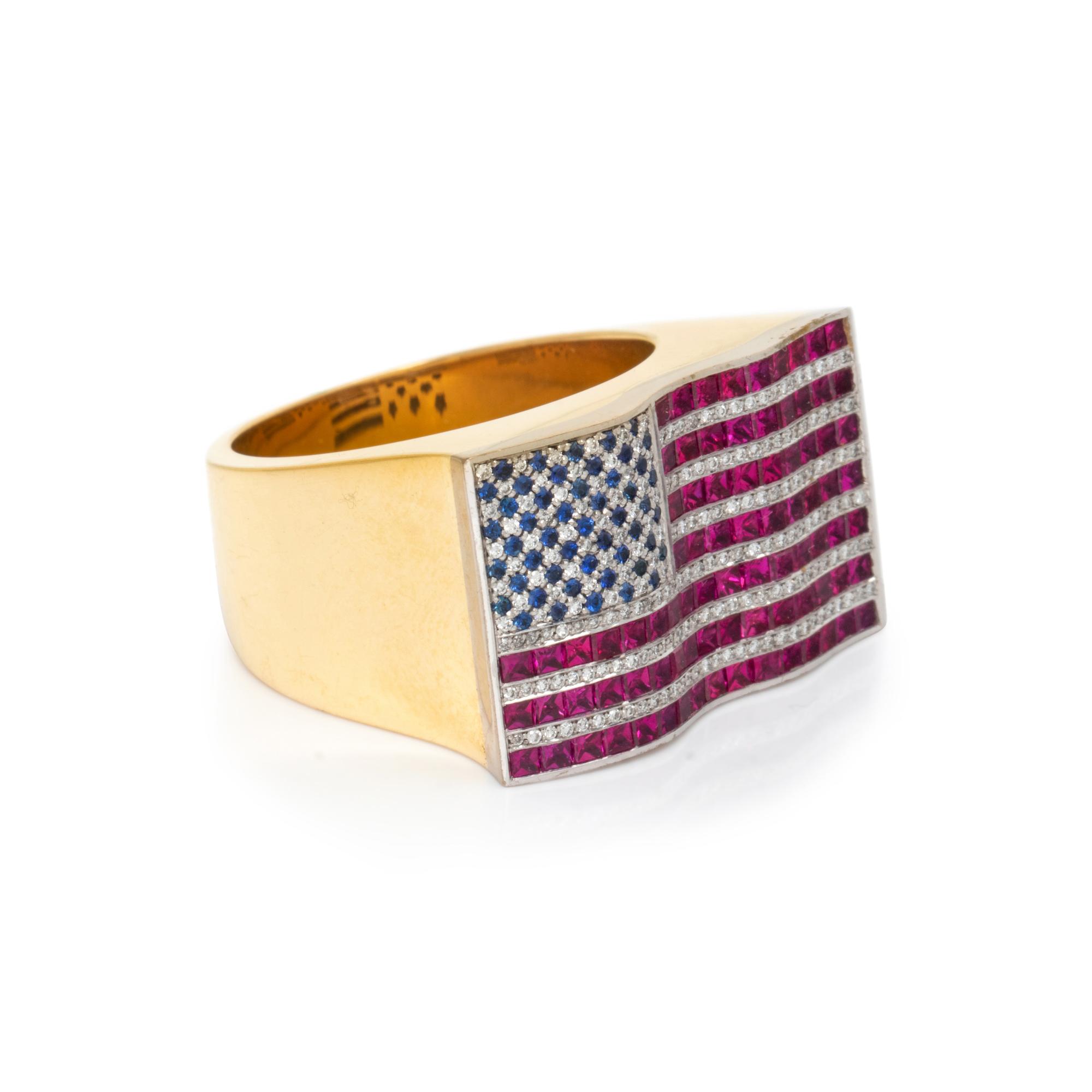 RUBY, DIAMOND AND SAPPHIRE AMERICAN FLAG RING