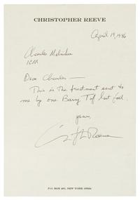 REEVE, Christopher (1952-2004). Autograph note signed ("Christopher Reeve"), to Charles Melniher. New York, 19 April 1986.