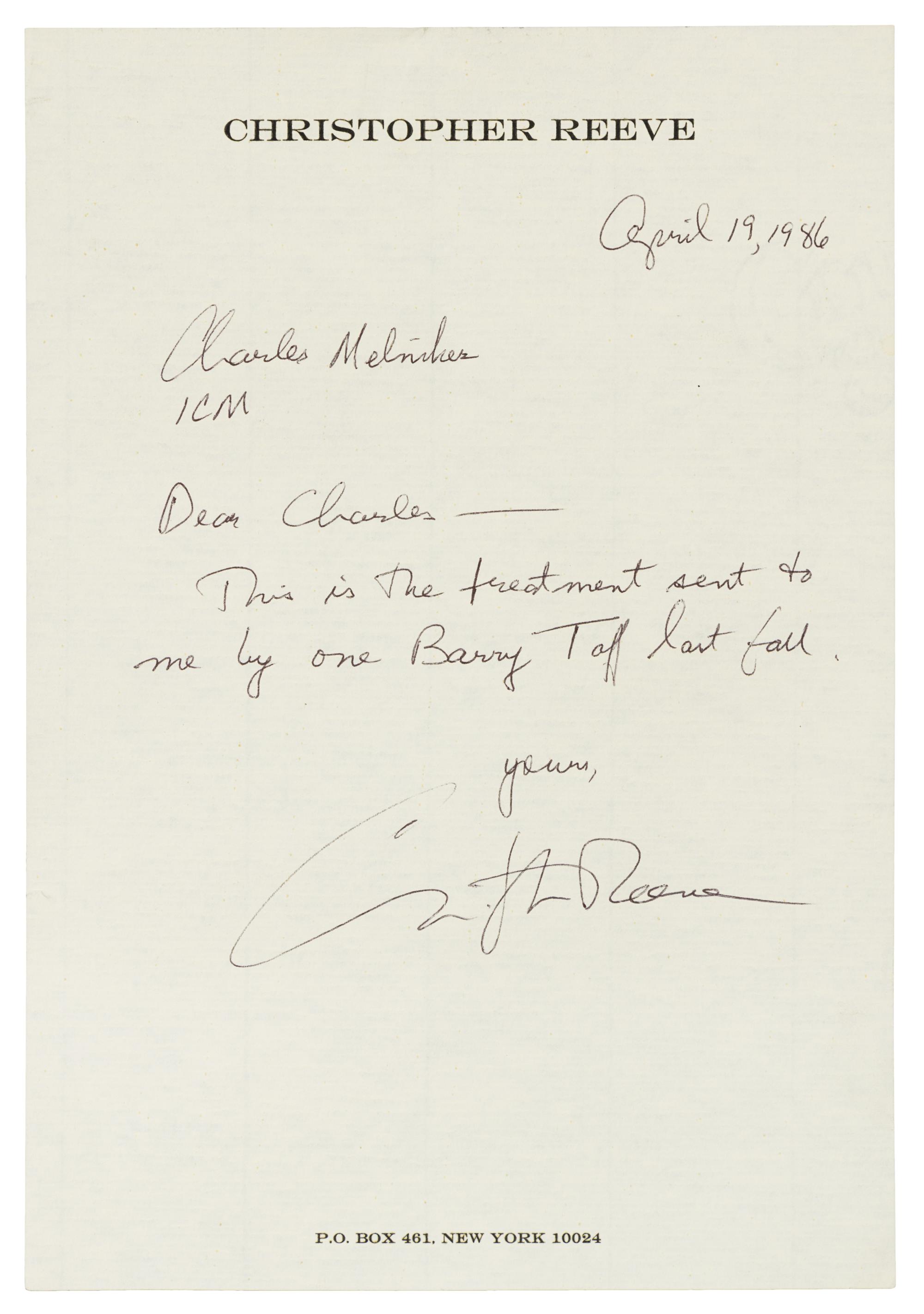 REEVE, Christopher (1952-2004). Autograph note signed ("Christopher Reeve"), to Charles Melniher. New York, 19 April 1986.