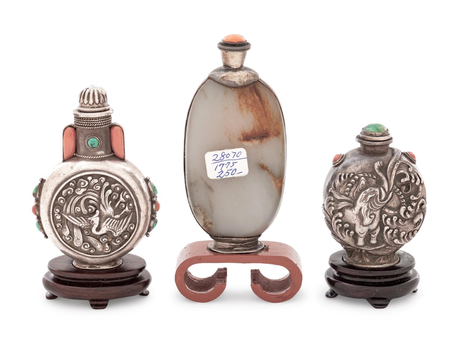 Three Chinese Hardstone Mounted Silver Snuff Bottles