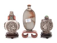 Three Chinese Hardstone Mounted Silver Snuff Bottles