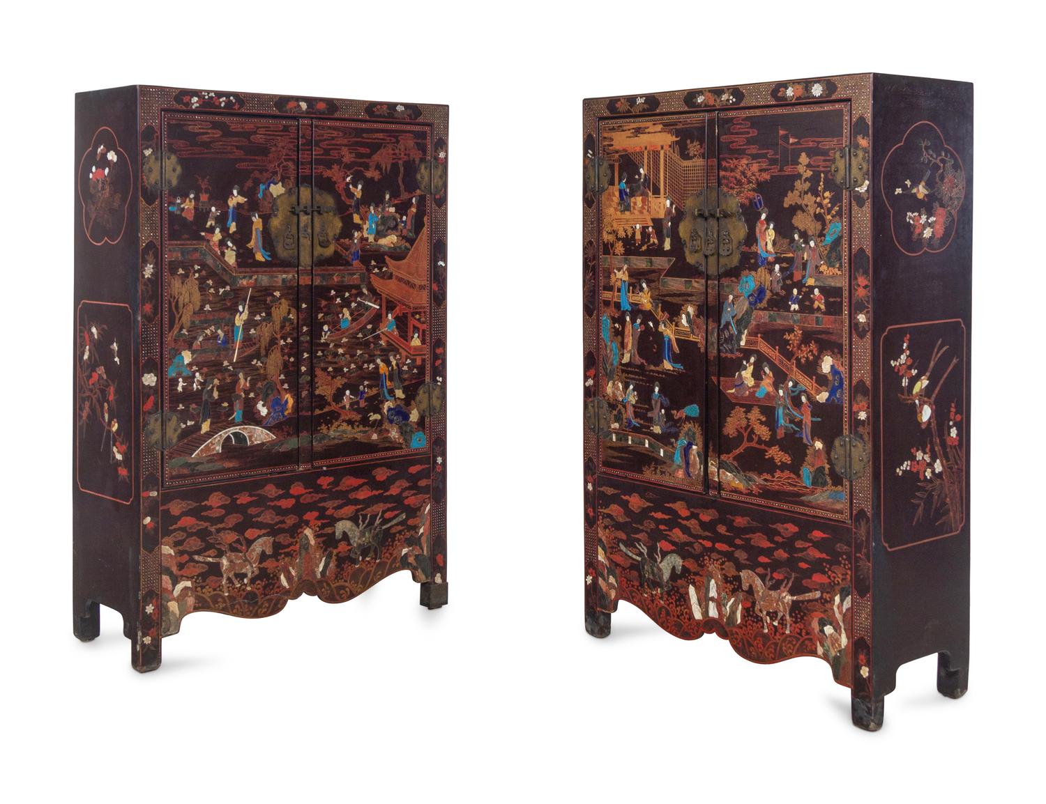 A Large Pair of Chinese Soapstone and Hardstone Inlaid Brown Lacquer Cabinets