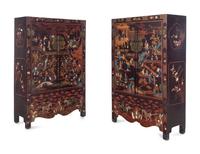 A Large Pair of Chinese Soapstone and Hardstone Inlaid Brown Lacquer Cabinets