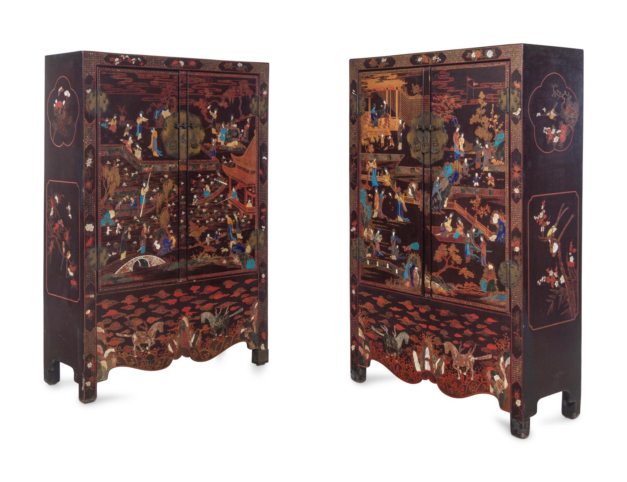 A Large Pair of Chinese Soapstone and Hardstone Inlaid Brown Lacquer Cabinets