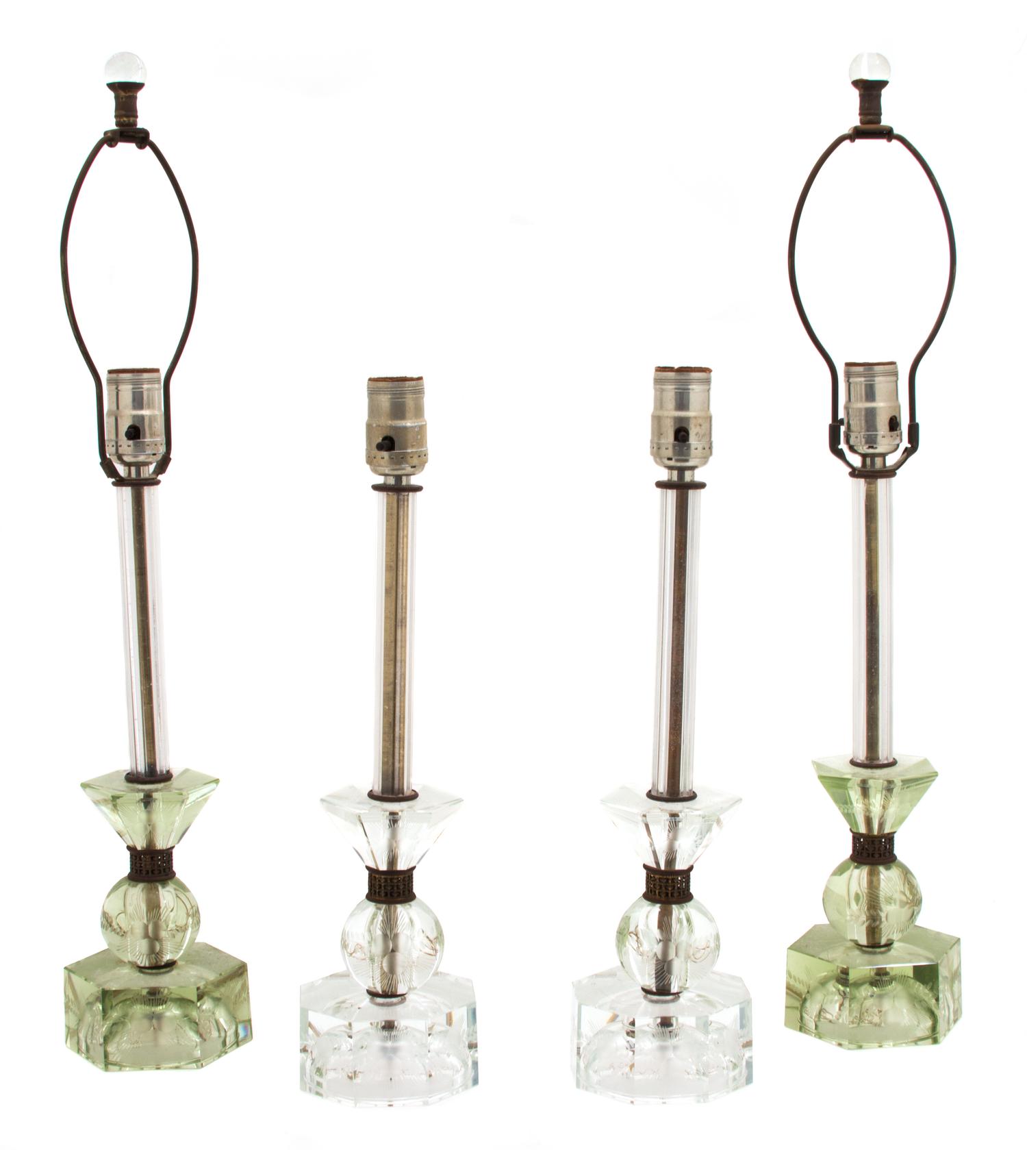 Two Pairs of Etched Lucite Columnar-form Table Lamps Height 16 inches. — 20TH CENTURY