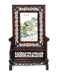 A Chinese Famille Rose Porcelain Inset Hardwood Table Screen